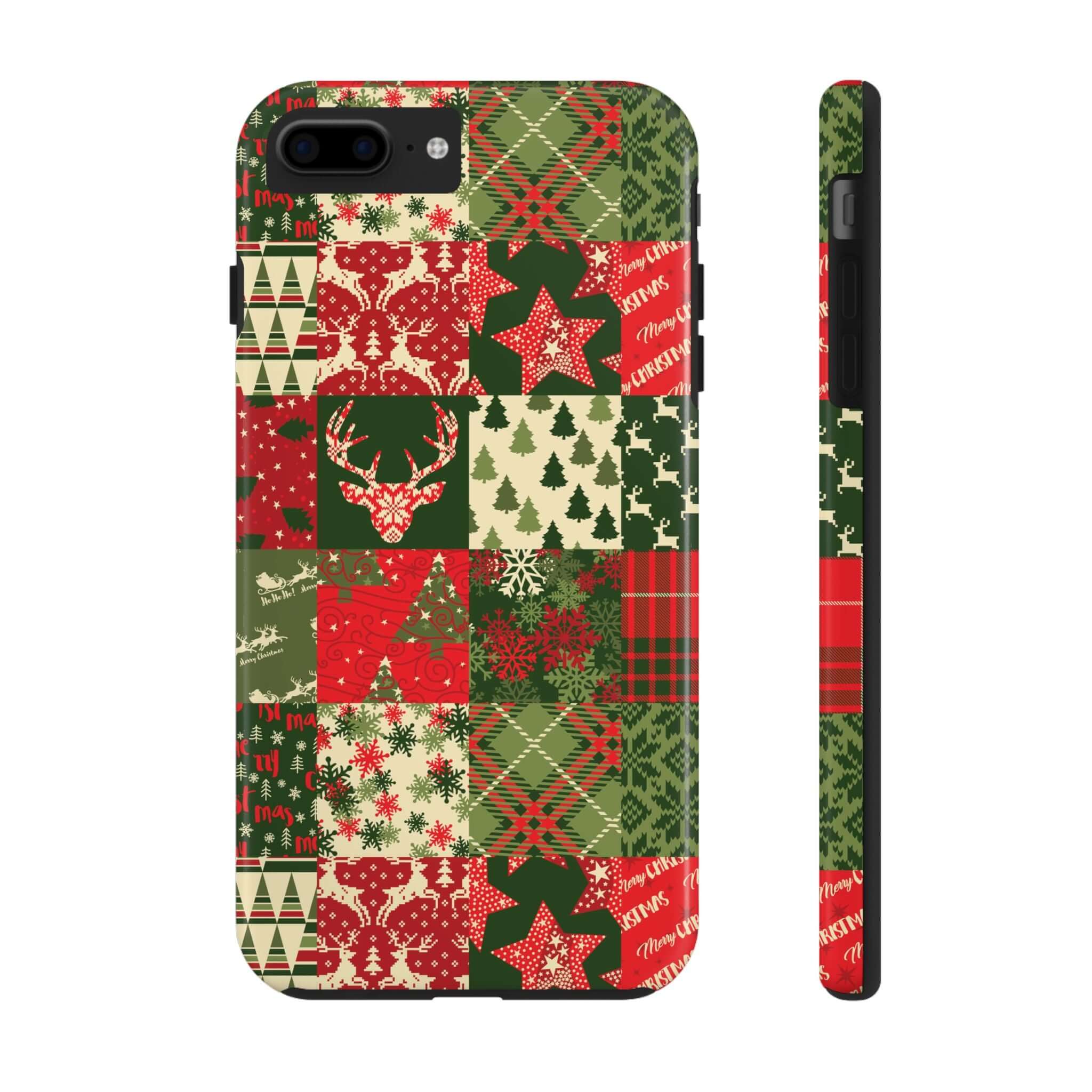 Festive Cozy Quiltmas green holiday phone case design featuring Christmas trees, Santa, and snowflakes - Cute iPhone case.