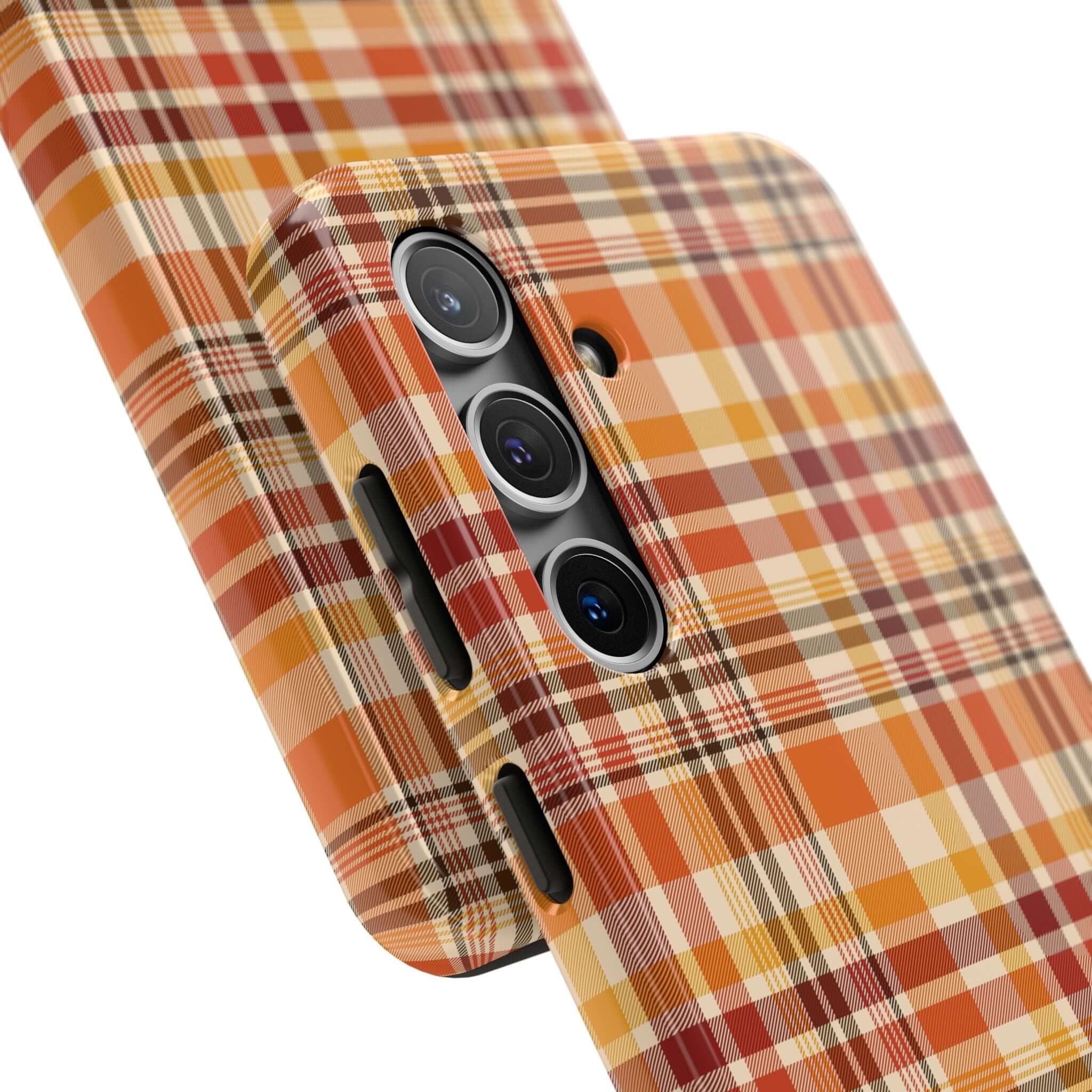 Autumn Air fall plaid phone case with orange and brown pattern, stylish and protective, perfect as a Halloween or cute fall iPhone case.