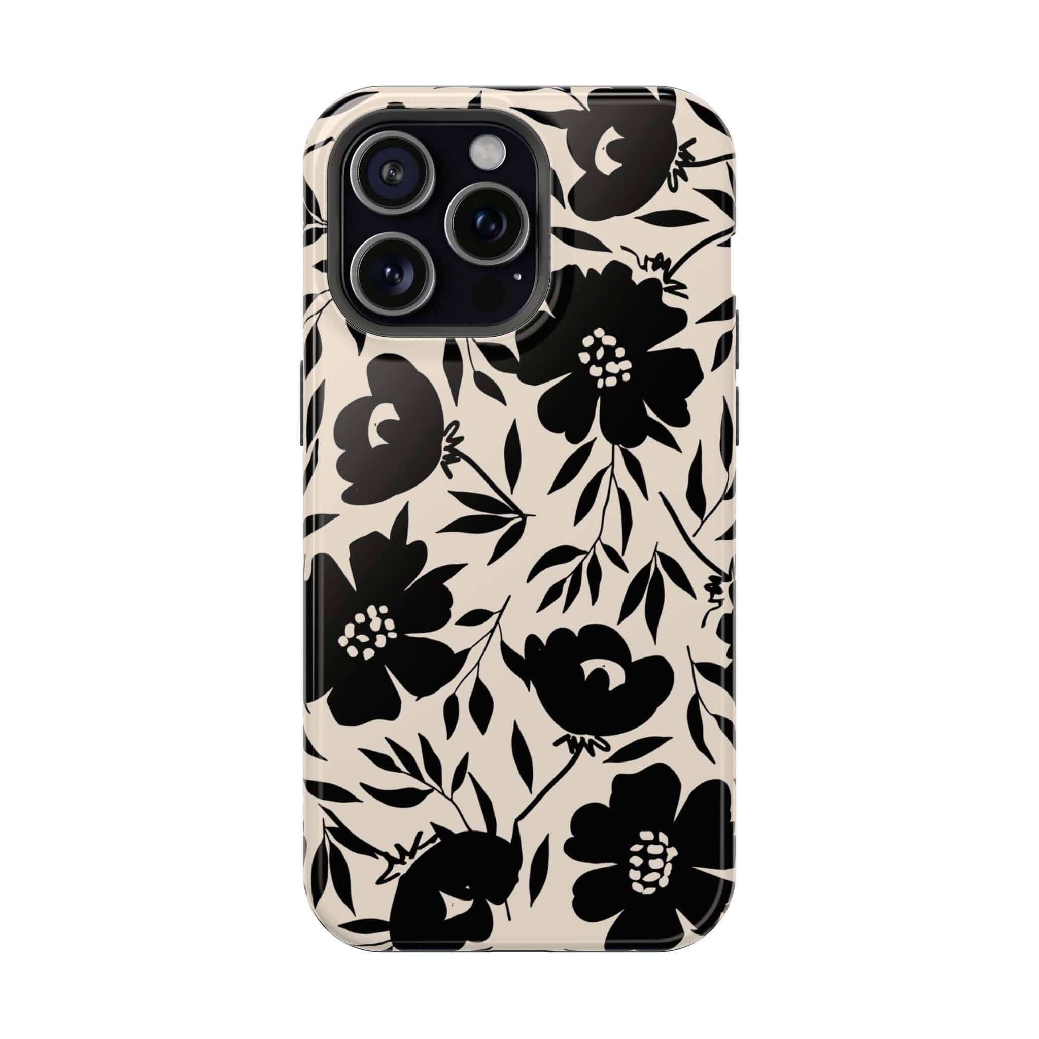 Cute black floral phone case for iPhone 16, Eclipse Garden design, adds fantasy and style.