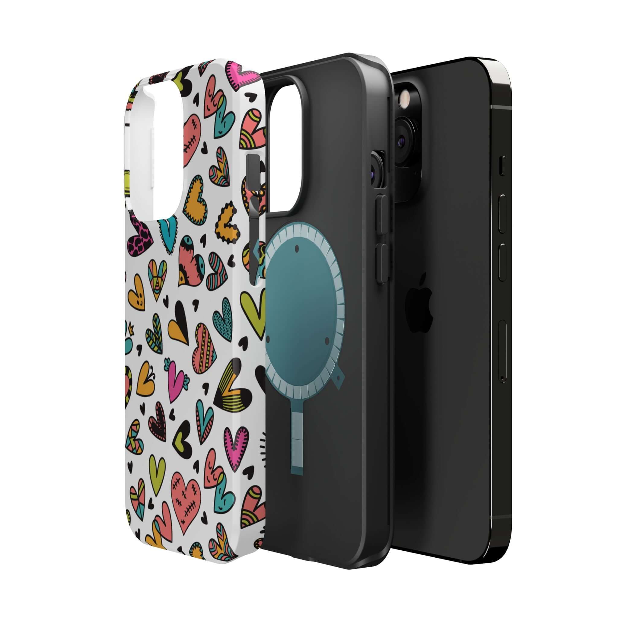 Colorful hearts iPhone case with flowers from cute phone case brand, offering free shipping. Protect your phone in style with unique design.