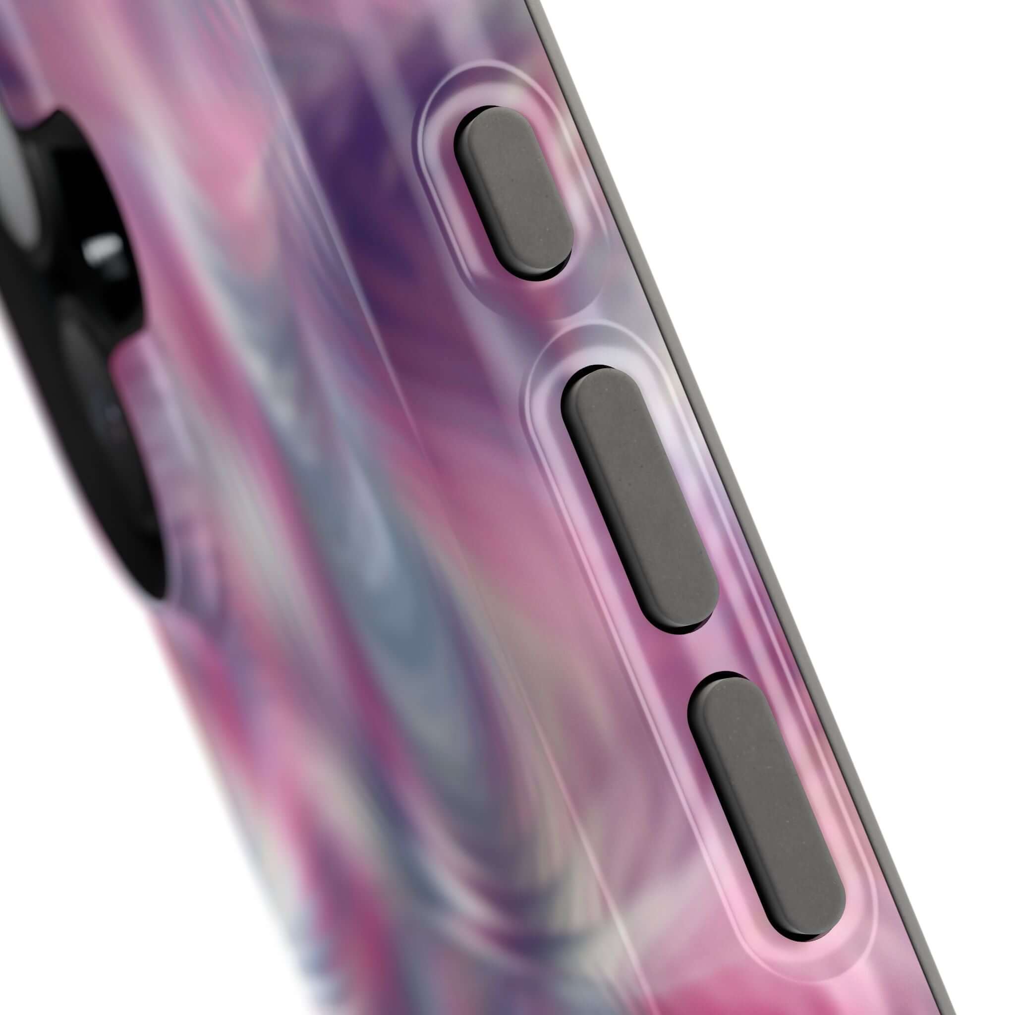 Close-up of Losing Sight purple abstract MagSafe iPhone case with tie dye swirl design, perfect cute phone cover.