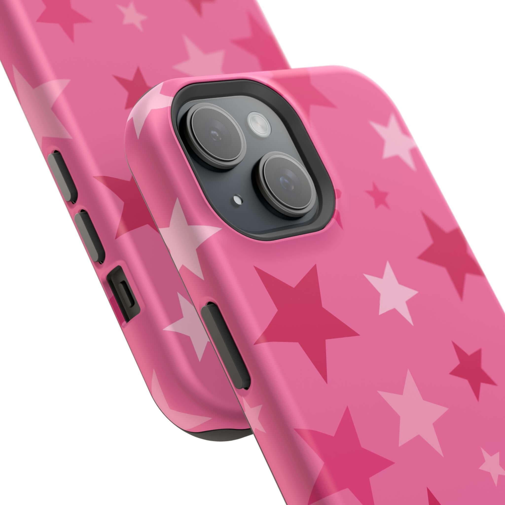 Cute pink iPhone case with colorful stars, perfect for adding charm and protection to your device.