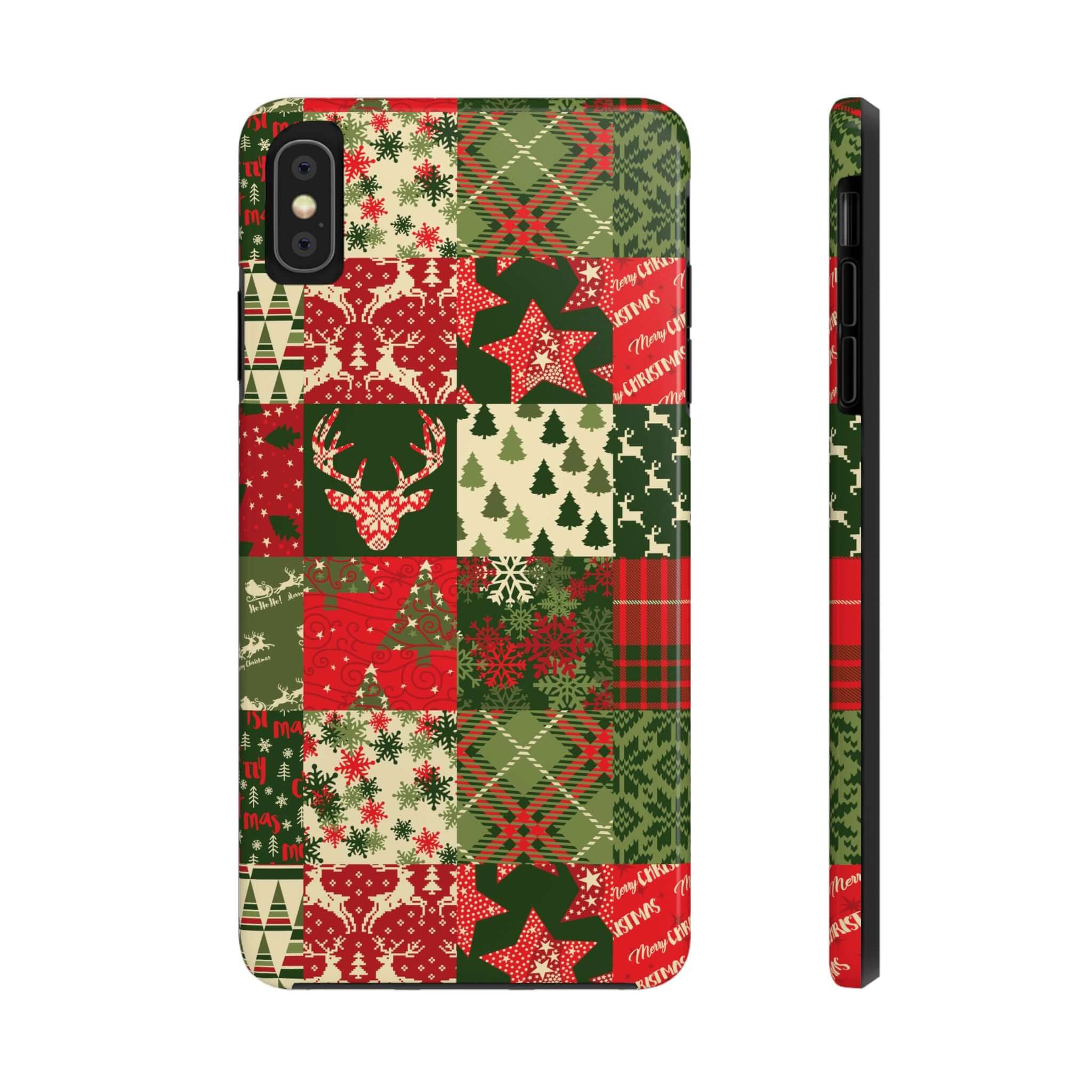 Cute iPhone case with green and red holiday quilt pattern featuring Christmas trees, snowflakes, and reindeer for festive style.