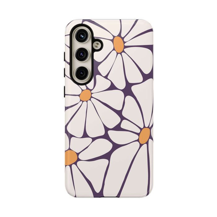 Retro flower design phone case in purple and orange for iPhone 14, Samsung, and Pixel devices. Cute and stylish phone cover offering protection.