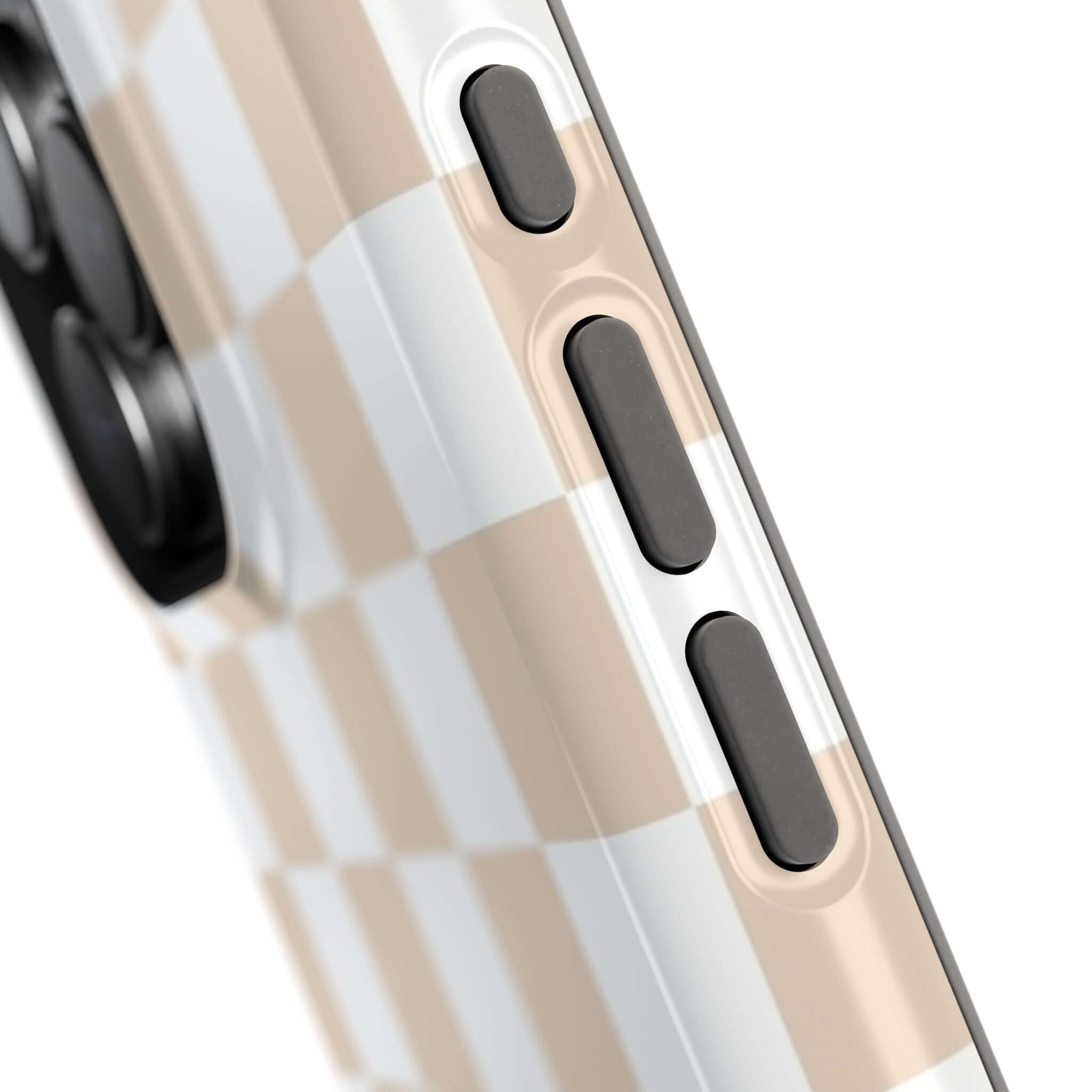 Close-up of beige checkered cute MagSafe iPhone 16 case side view showing buttons and camera opening.