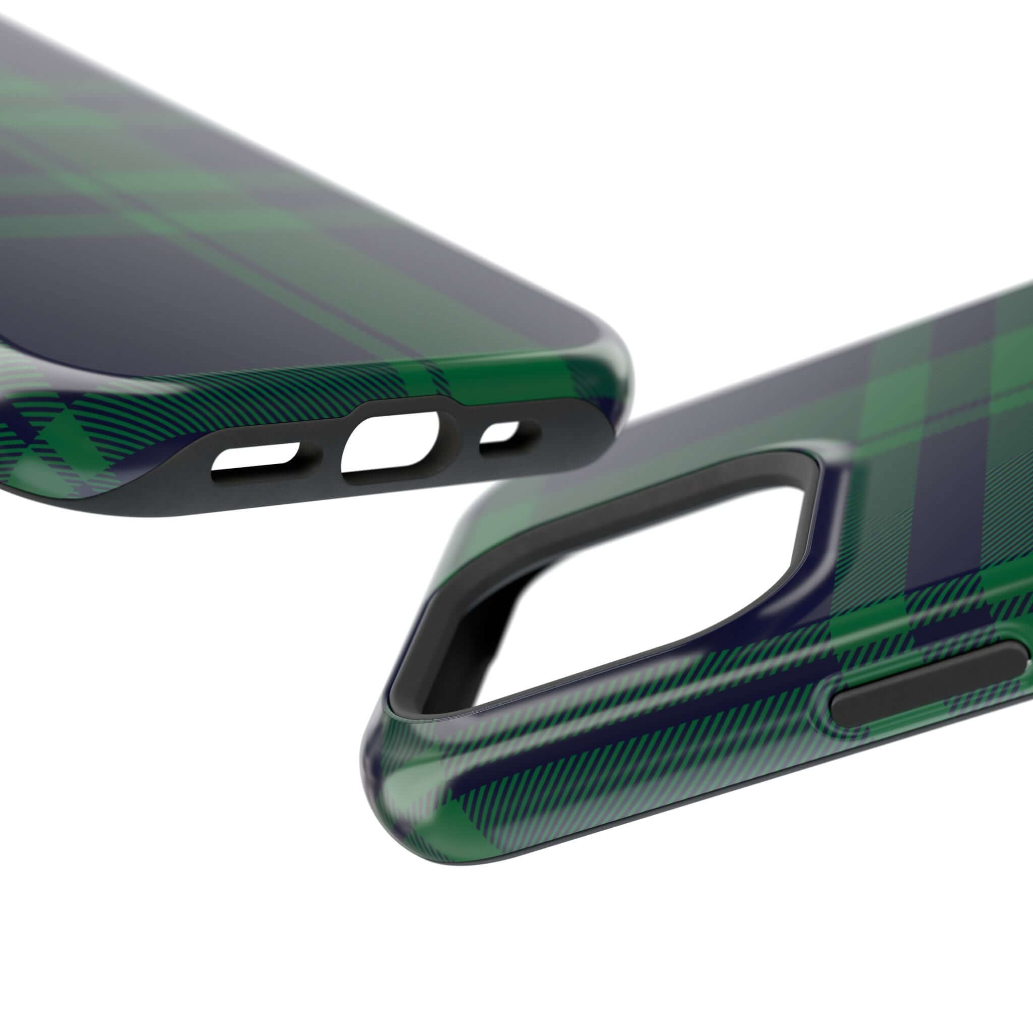 Close-up of Mistletoe Plaid MagSafe Case showcasing festive green plaid pattern for iPhone protection.