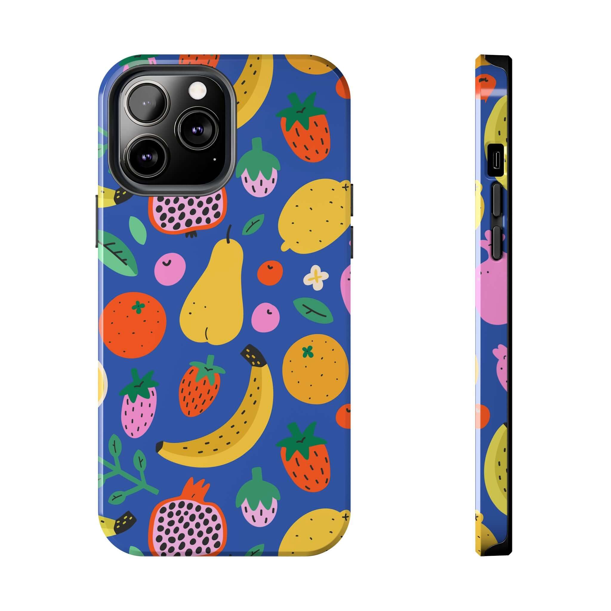 Cute phone cover featuring a tropical fruit design on a blue background, perfect for Apple iPhone.