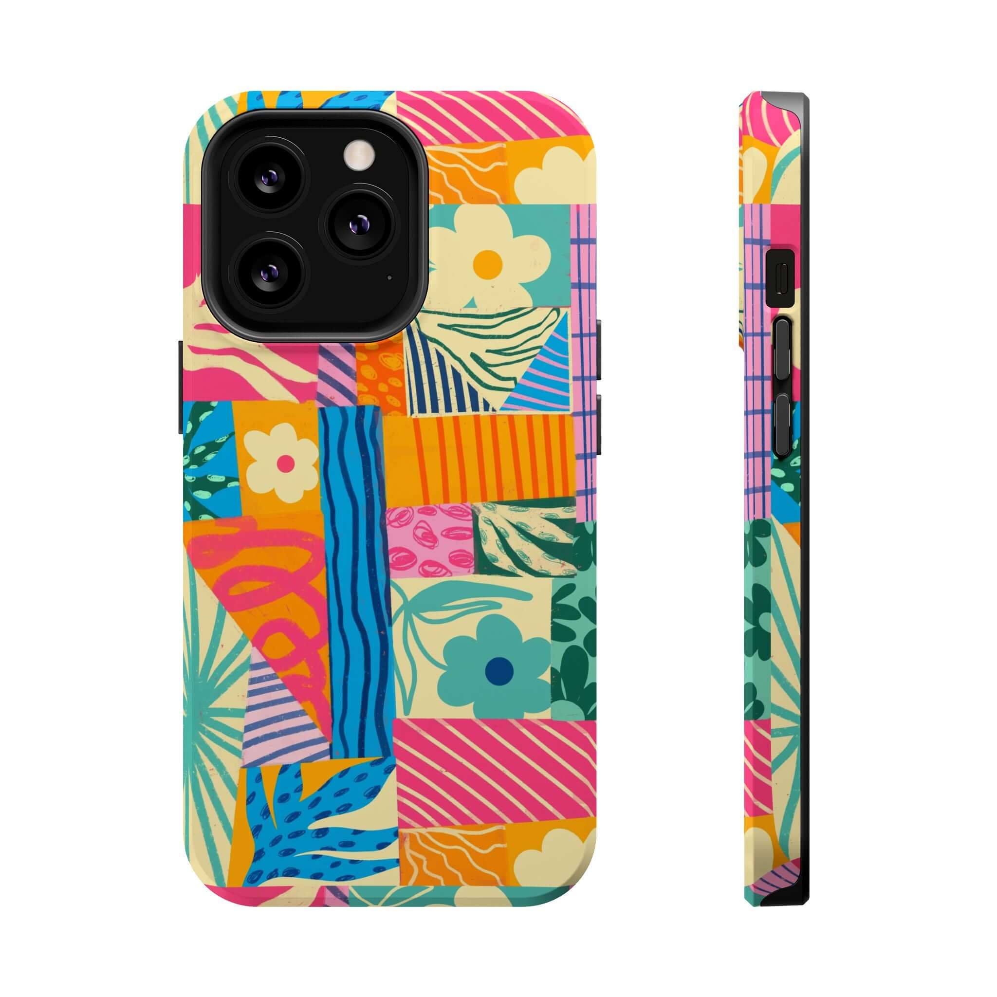 Colorful patchwork iPhone 16 case with floral and abstract patterns, ideal for beach lovers and fans of vibrant, cute phone cases.