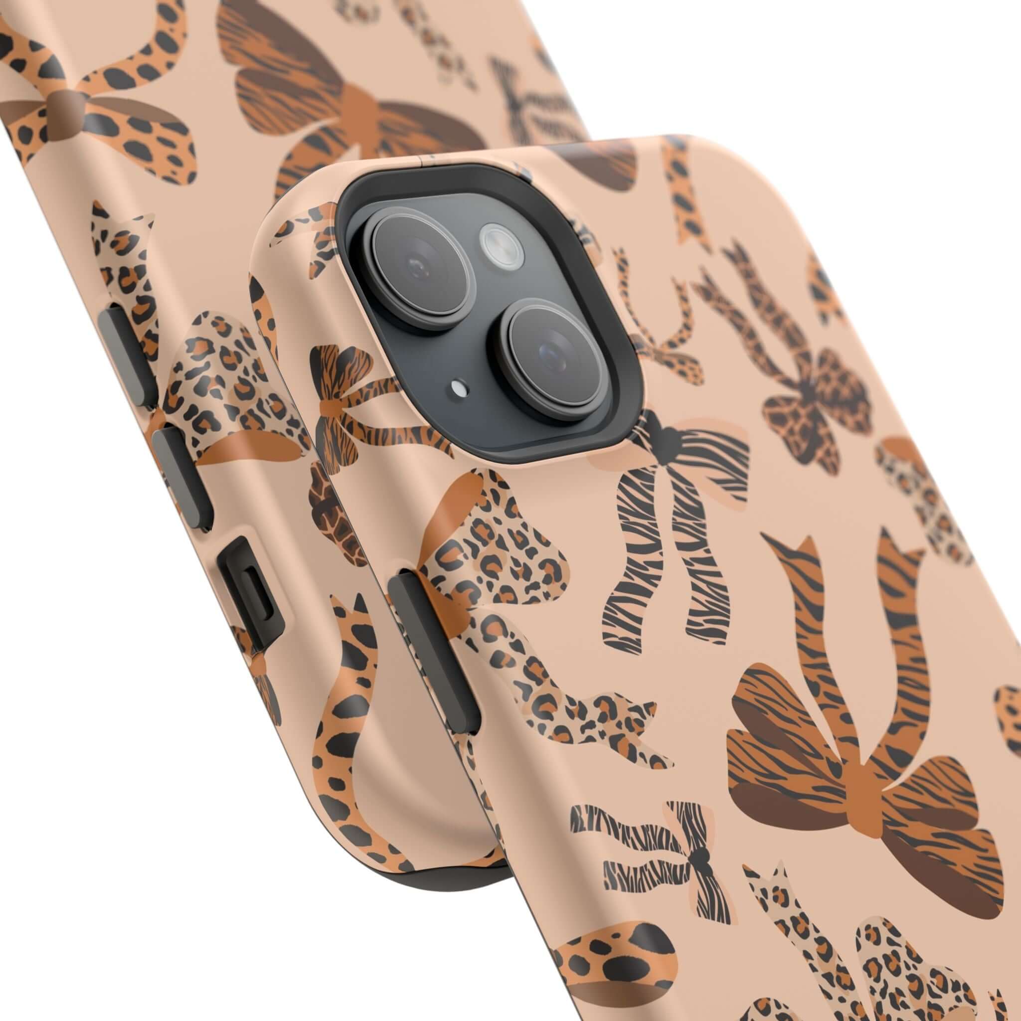 Colorful iPhone case with leopard patterns and cute bows, Safari Coquette design, abstract and playful style for MagSafe.