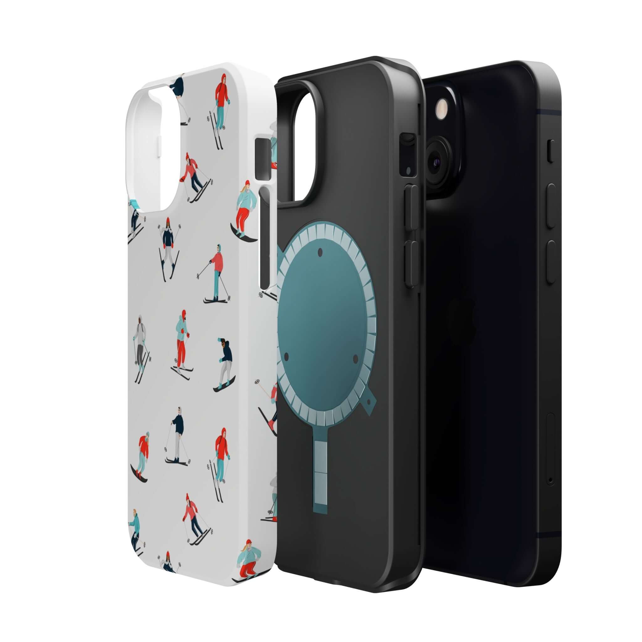 Cute phone covers featuring a winter skiing design and a sleek black phone case, perfect for iPhone protection.