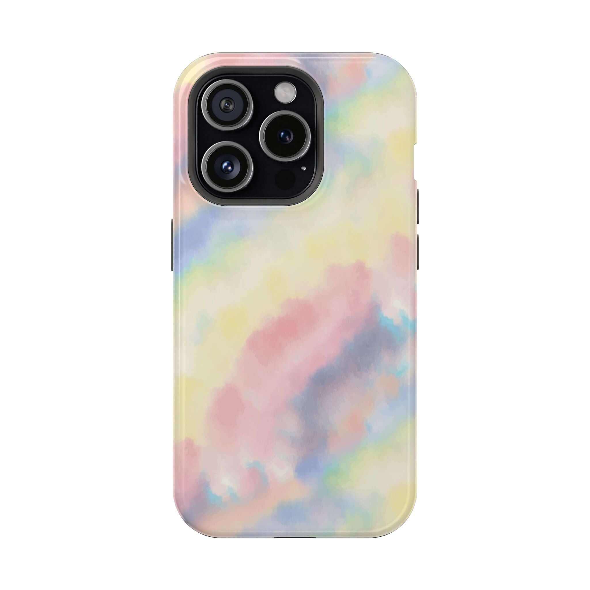 Cute iPhone case with pastel tie dye design, Unicorn Dreams, MagSafe compatible phone case, custom iPhone case design.