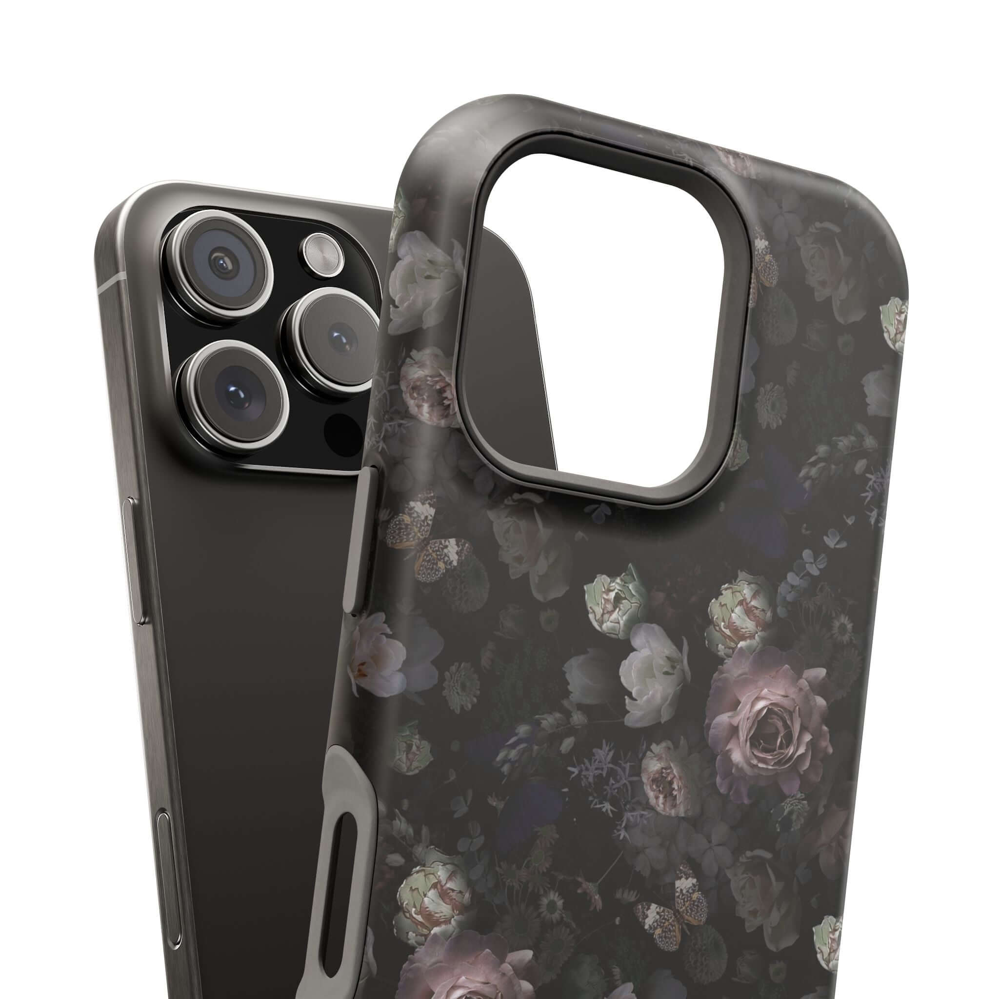 Midnight Curse Black Floral MagSafe iPhone Case, cute phone cover with dark roses, stylish protection for your iPhone.