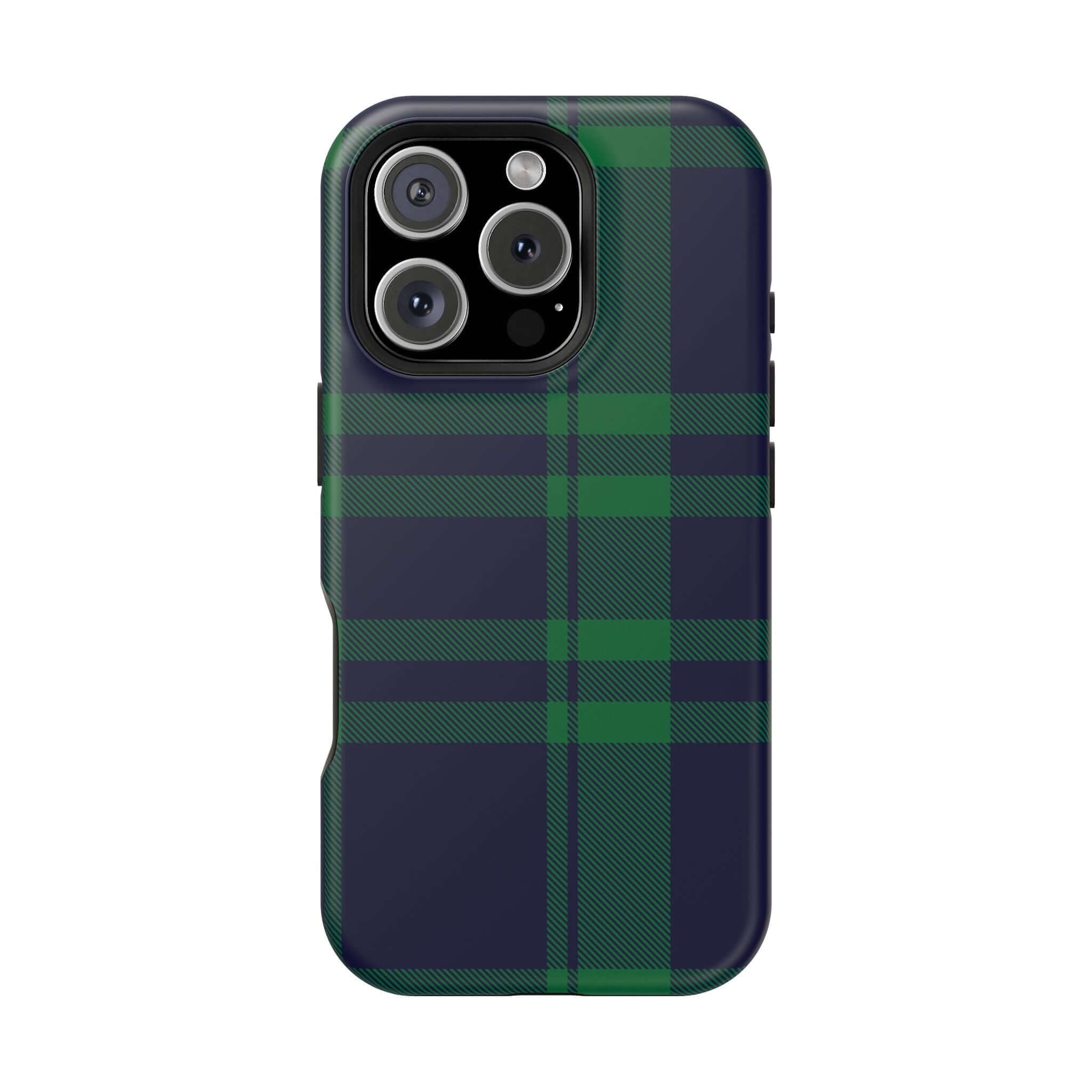 Mistletoe Plaid MagSafe Case for iPhone, featuring a festive green and navy plaid design, perfect cute phone cover for the holidays.