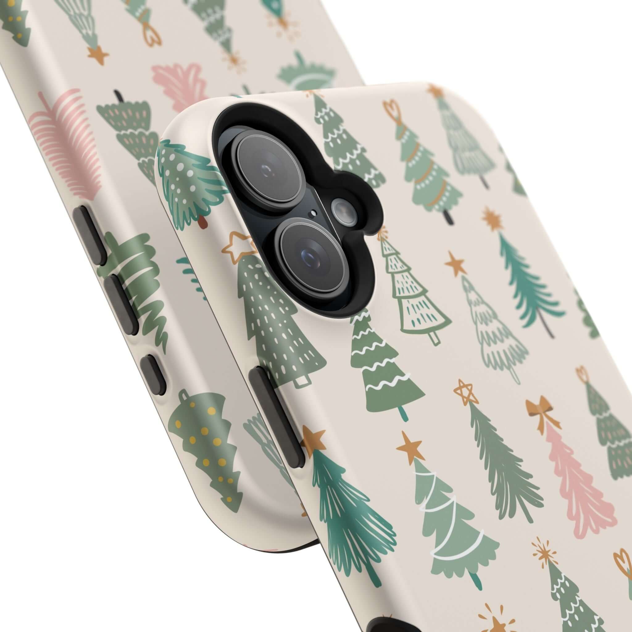 Festive MagSafe phone case with colorful Christmas tree design, perfect holiday accessory for a cute and protective Xmas phone cover.