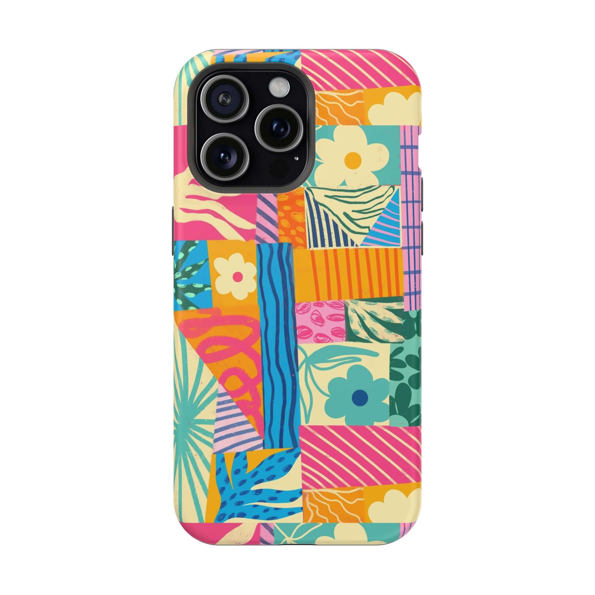 Cute Sunny Tides colorful patchwork phone case for iPhone 16, perfect for beach lovers seeking vibrant and playful style.