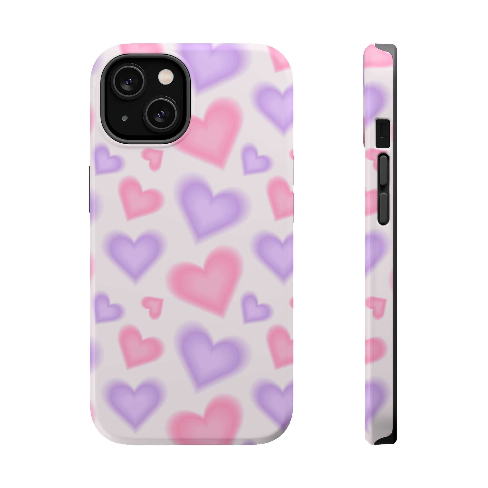 Cute phone cover with pink and purple heart design for Apple iPhone, adding a playful touch to your device.