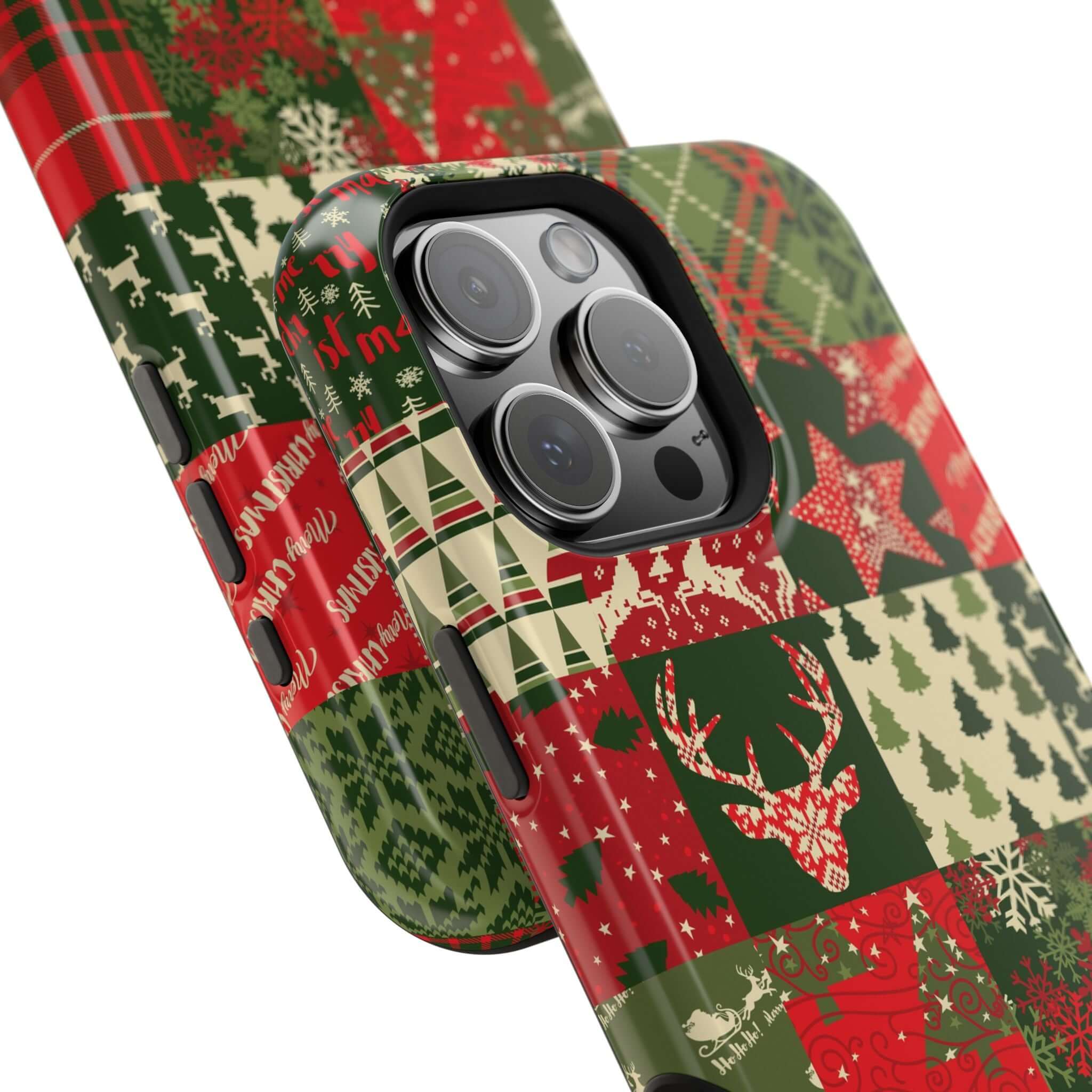 Festive Cozy Quiltmas MagSafe phone case with Christmas design, featuring red and green holiday patterns and reindeer, perfect Xmas cover.