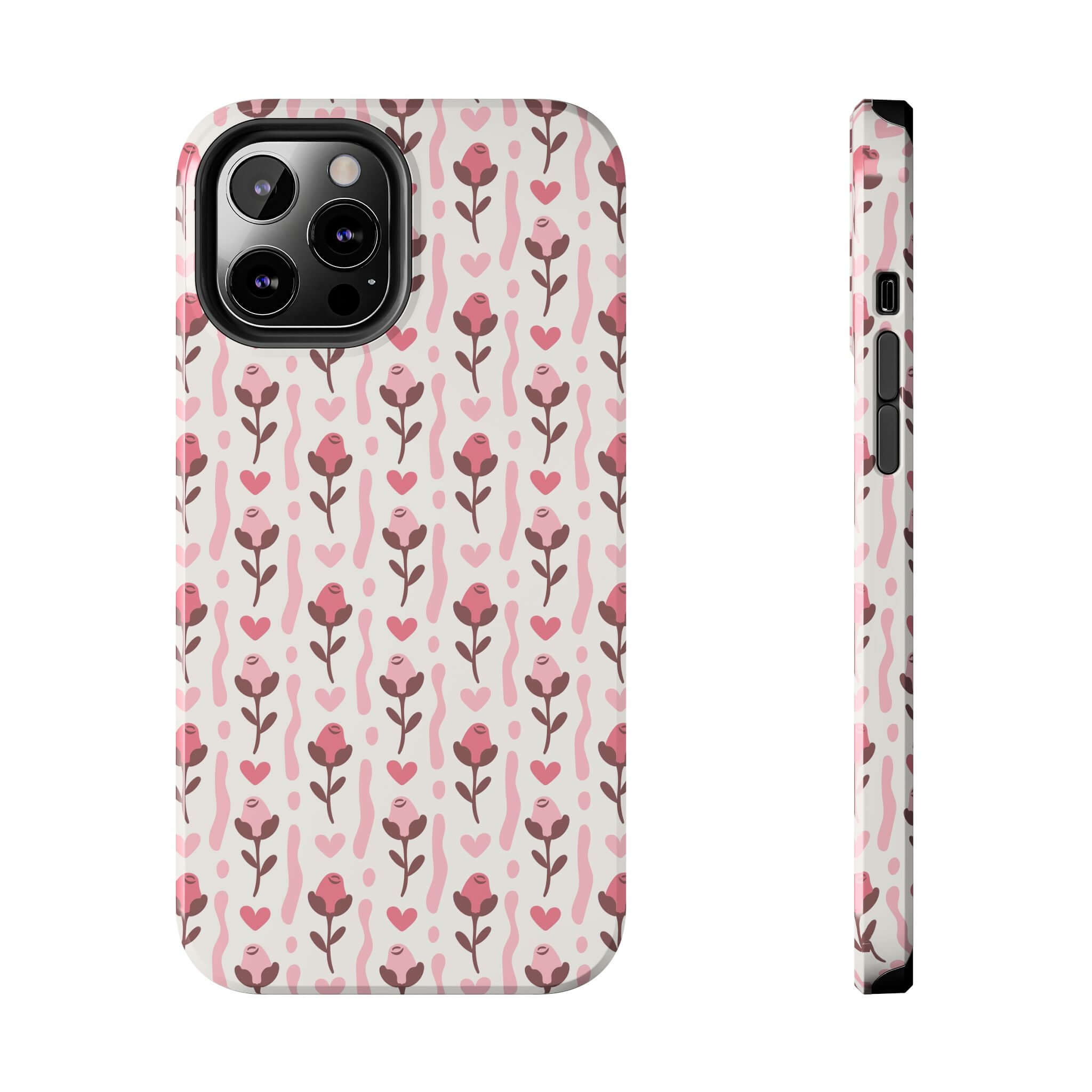 Cute iPhone case with custom red rose and heart design, free shipping, charming phone cover for iPhone, whimsical coquette pattern.