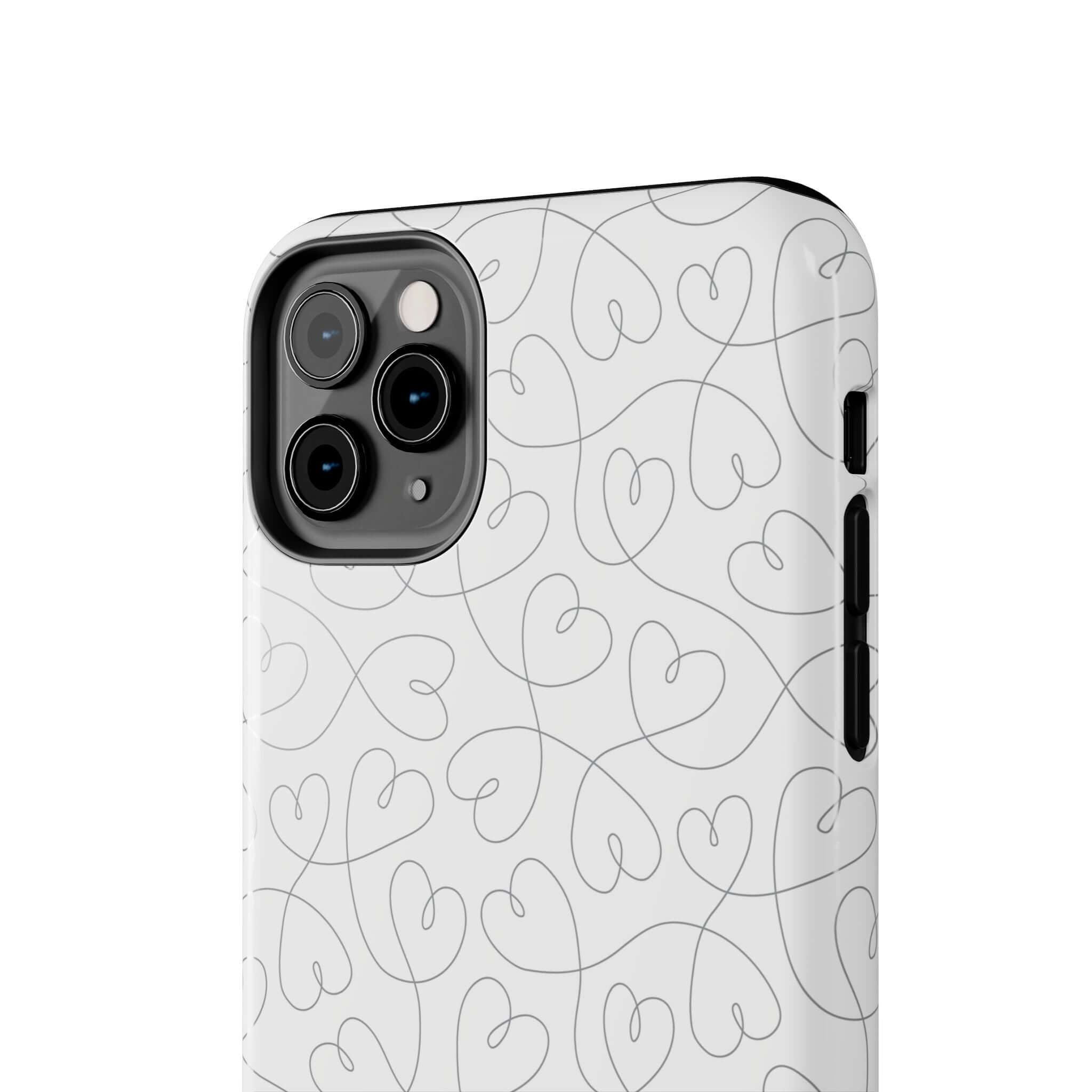 Silver Hearts Romance phone case for iPhone 14 Pro Max featuring abstract heart design, perfect for brides and weddings, stylish and cute.