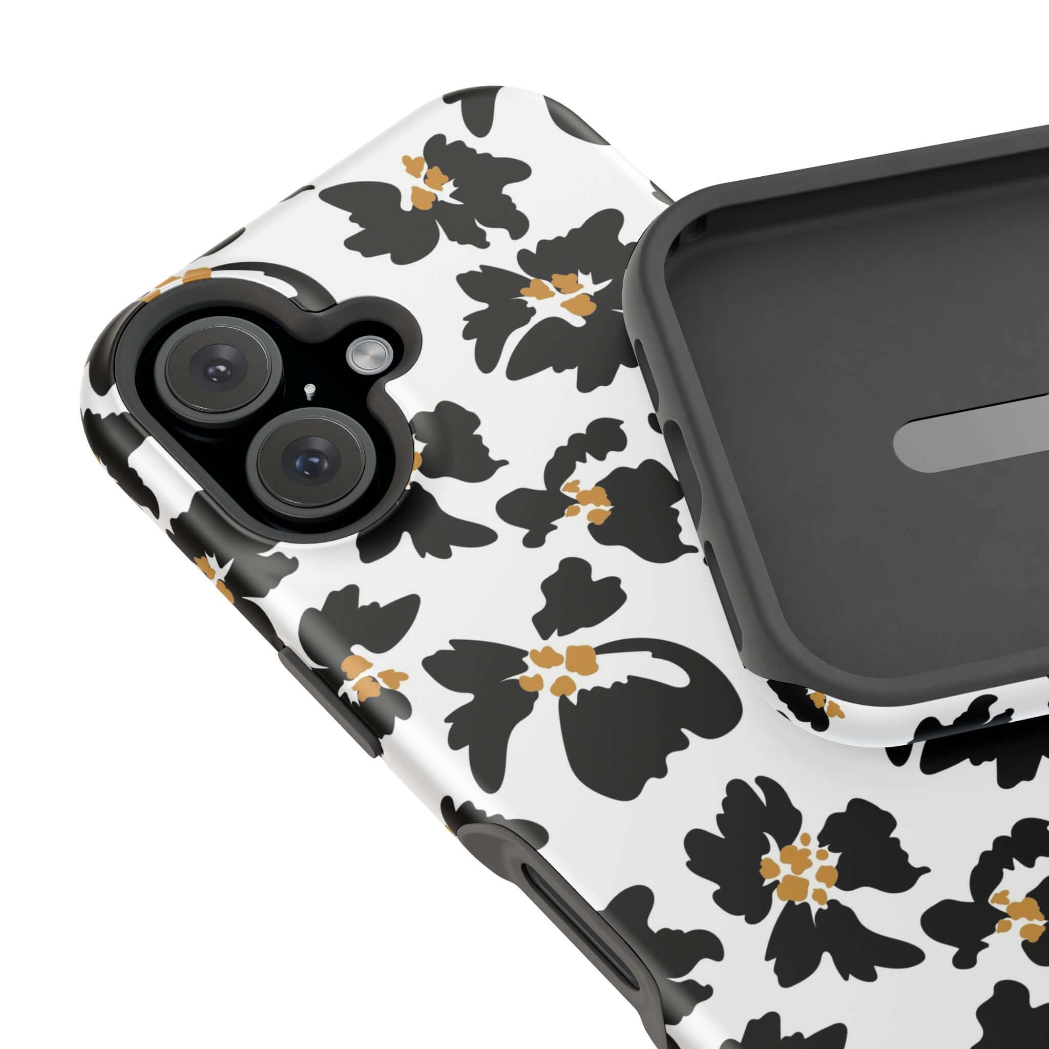 Modern Noir Flora Black Floral Case for iPhone, cute MagSafe compatible with stylish animal print design, protective phone accessory.