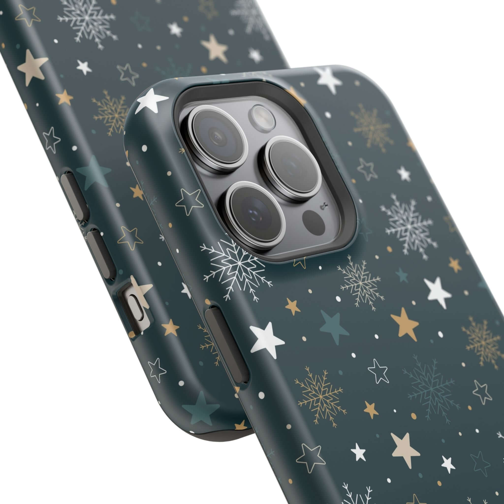 Christmas phone case with stars and snowflakes, Frosted Wishes MagSafe Case, festive holiday design, cute and secure cover.