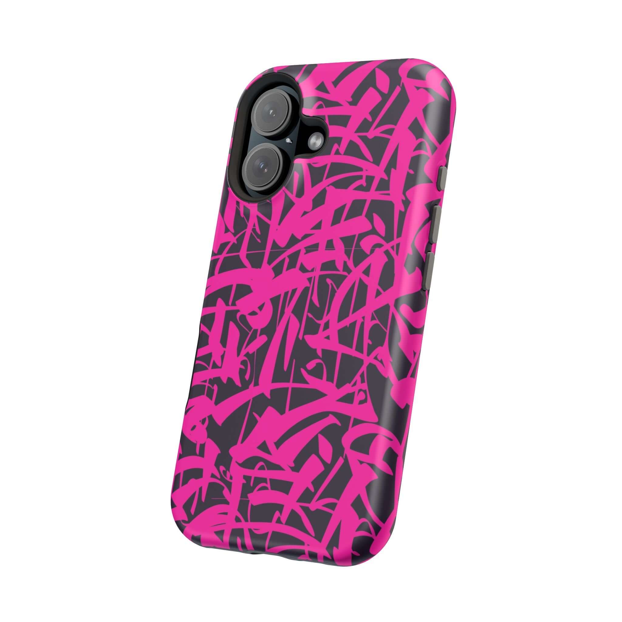 Cute MagSafe iPhone case with vibrant pink abstract art design, perfect phone cover for stylish protection.