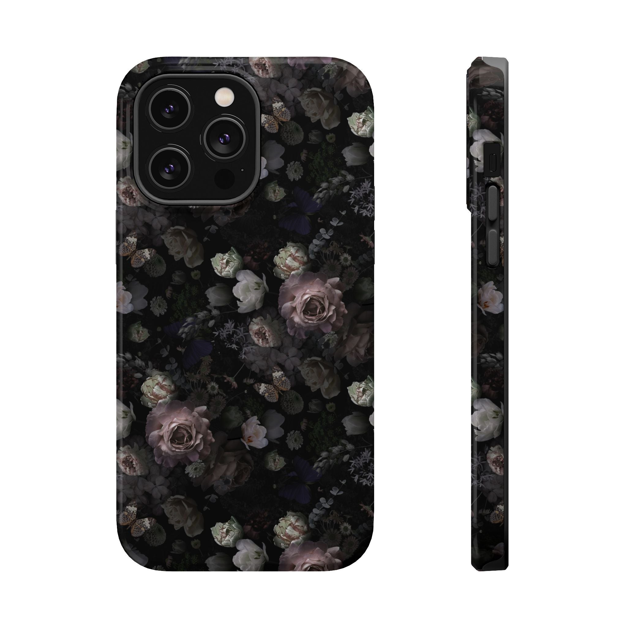 Midnight Curse MagSafe iPhone Case, cute phone cover with black floral design, featuring elegant roses for stylish protection.