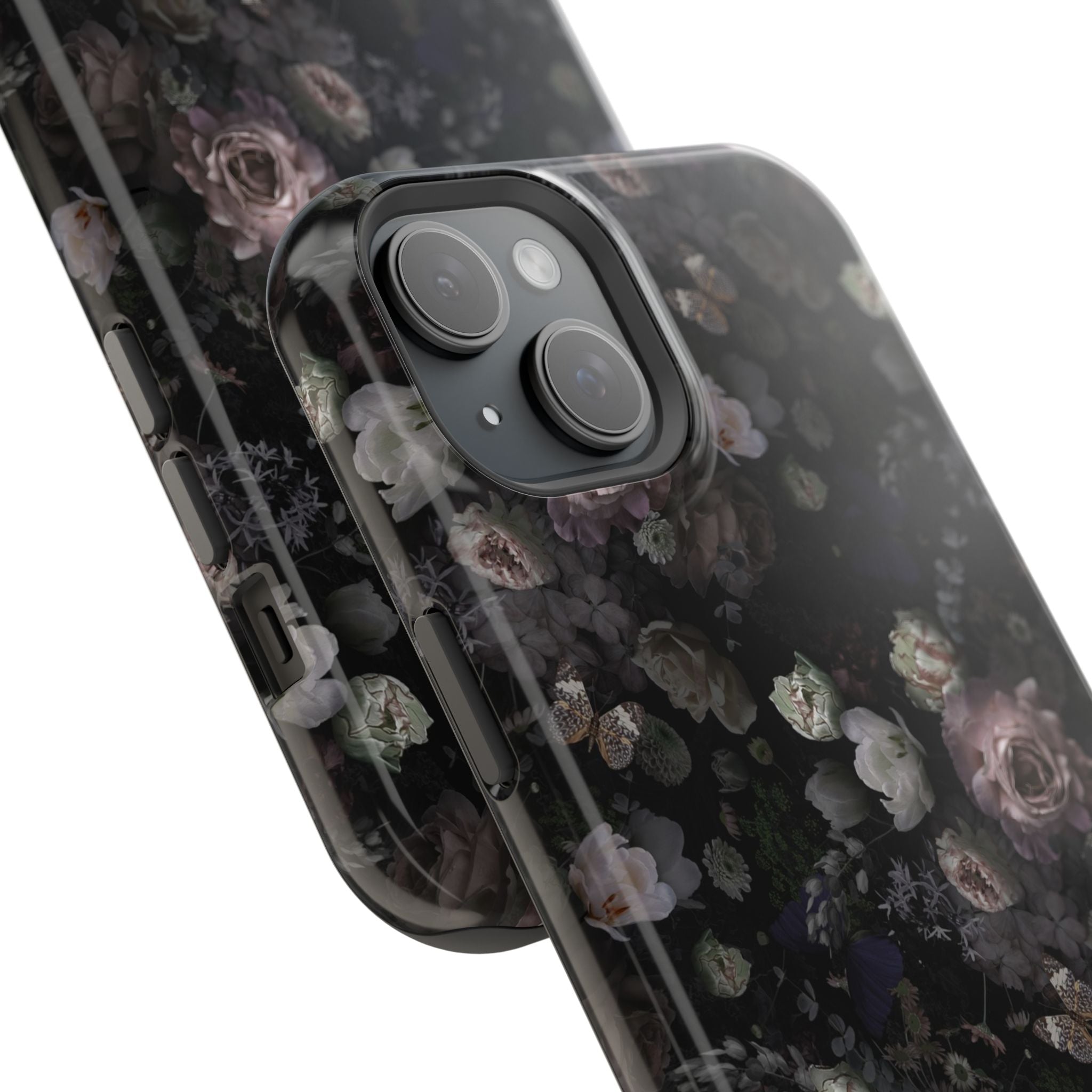 Midnight Curse Black Floral MagSafe iPhone Case with romantic roses design. Cute phone cover offering stylish protection.