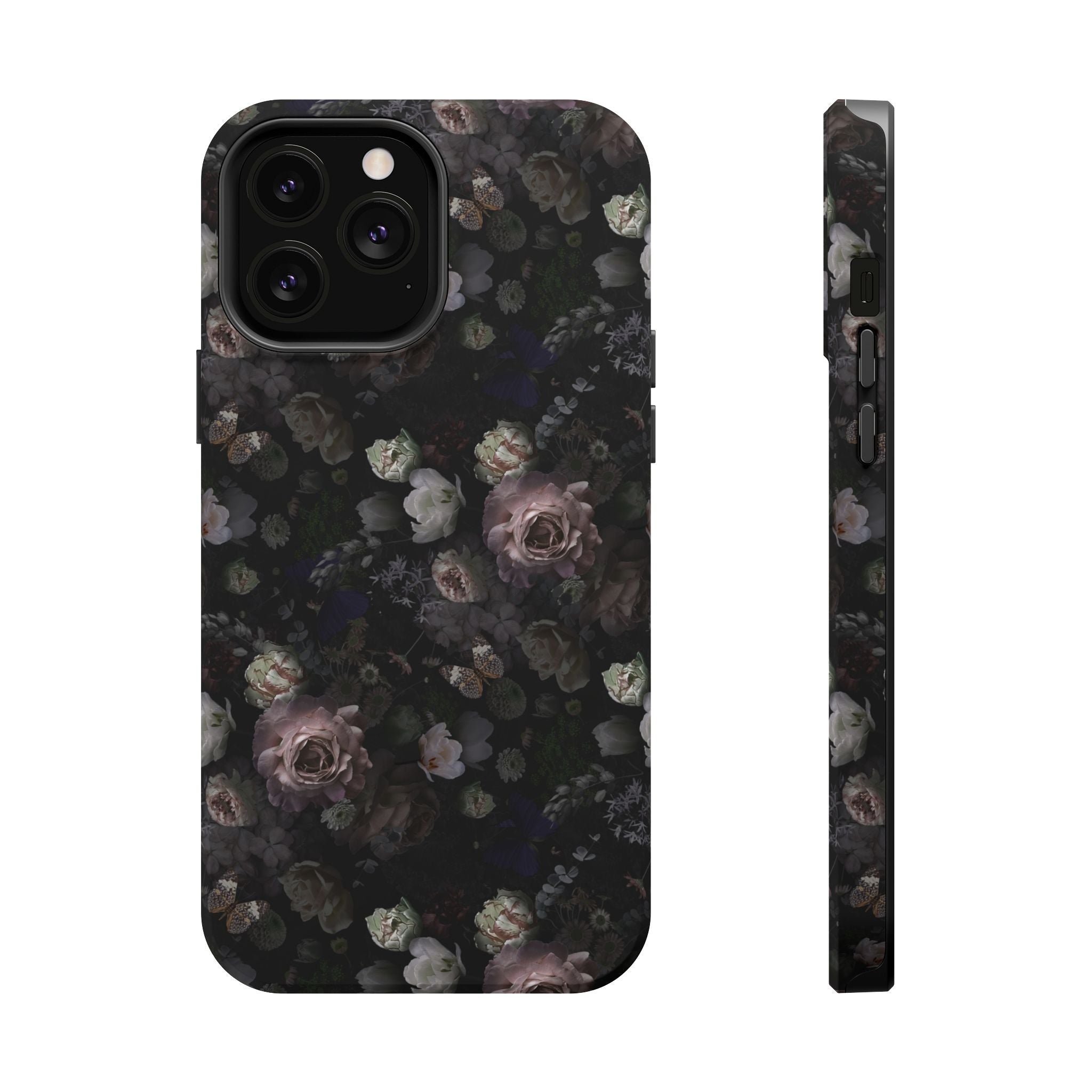 Midnight Curse black floral MagSafe iPhone case with cute roses design. Stylish and protective phone cover for trendsetters.