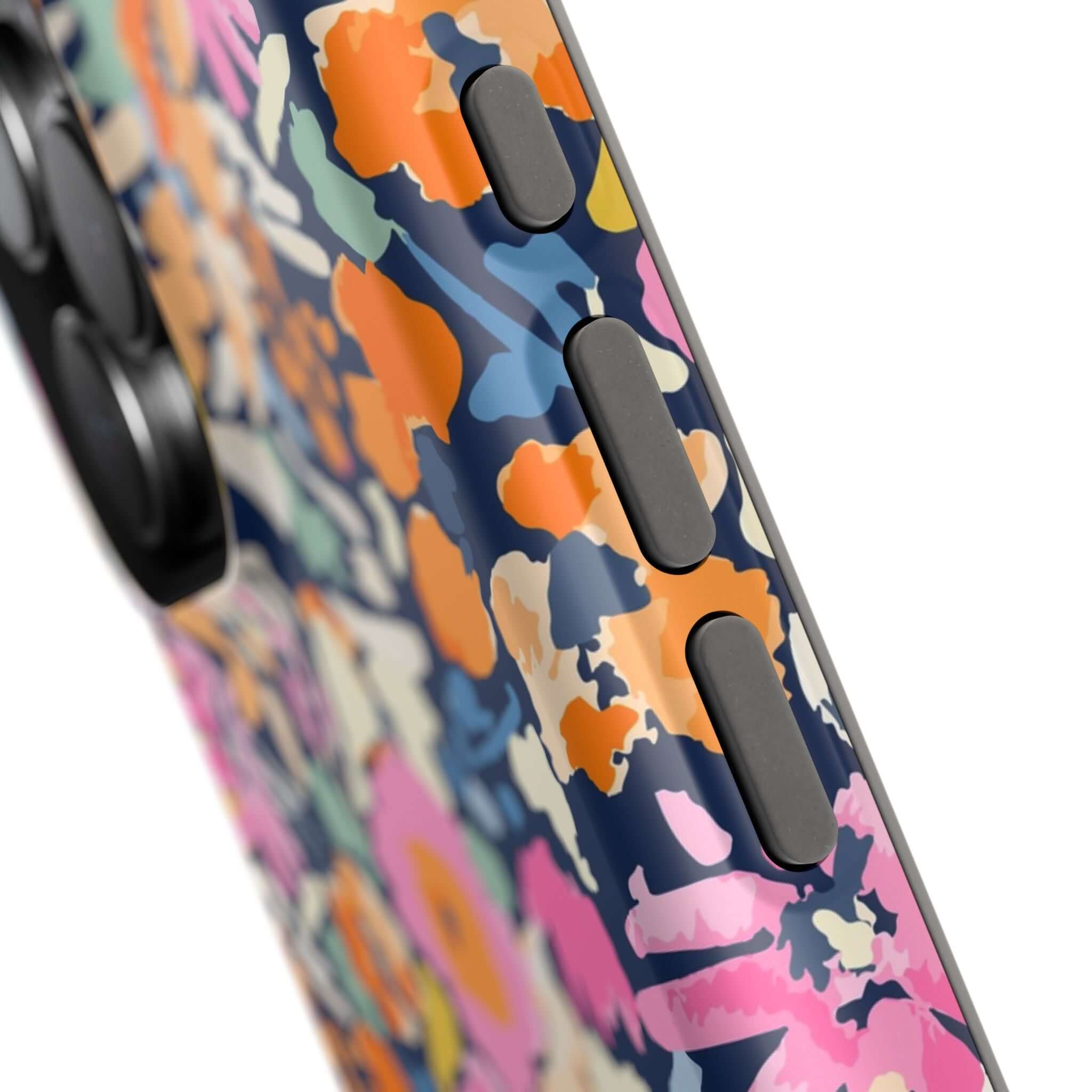 Colorful floral design on Botanic Burst Cute MagSafe iPhone 16 case, showcasing the cute protective phone case buttons and detail.