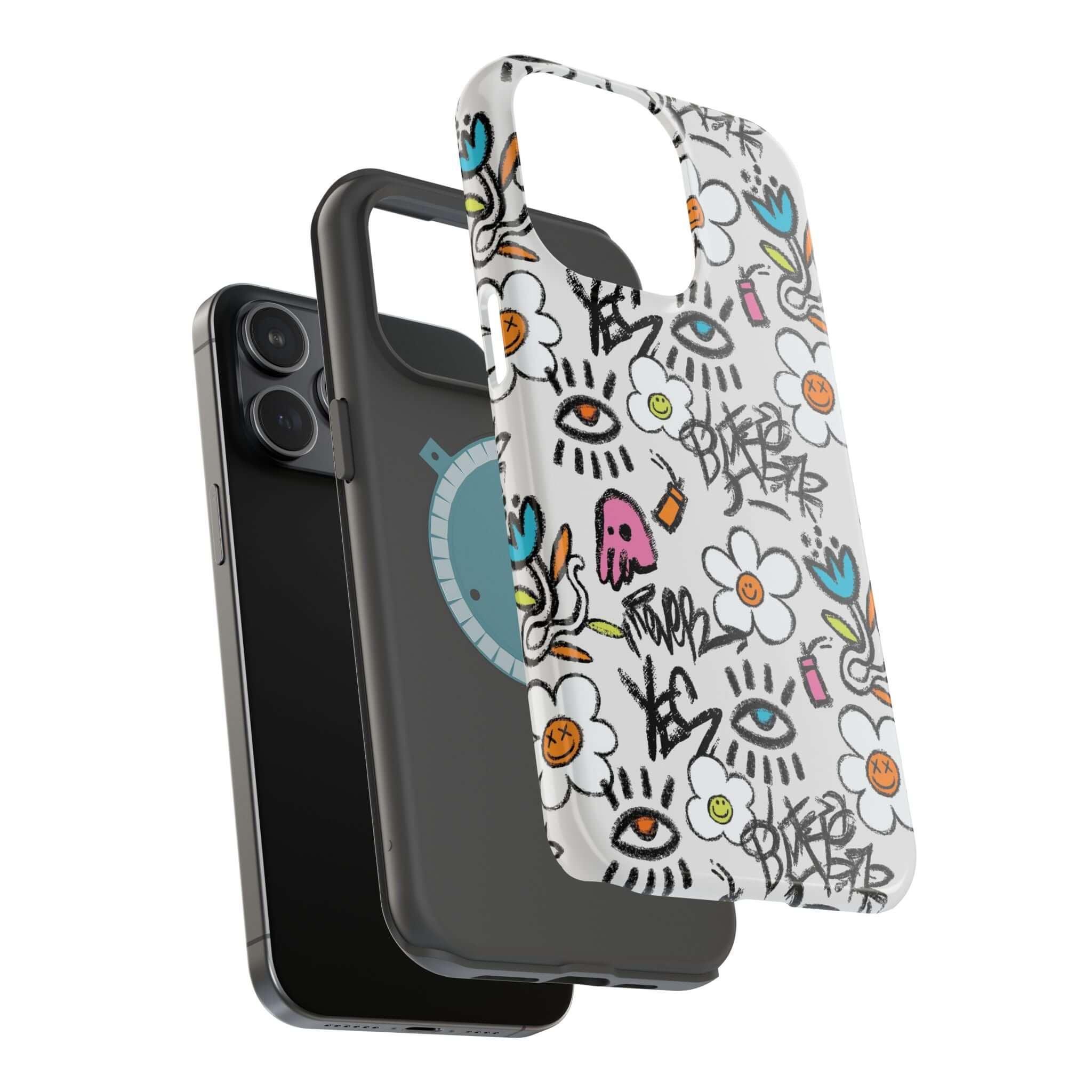 Cute Floral Graffiti Phone Case for iPhone showcasing vibrant colors and artistic design, perfect for a bold phone cover.