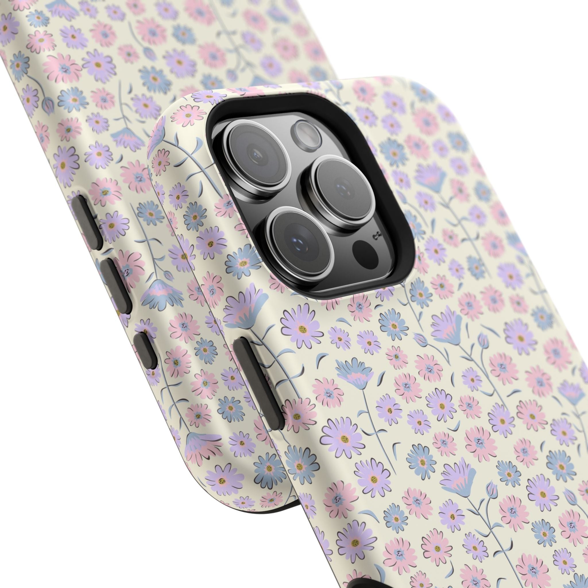 Pink flower iPhone 16 case with cottagecore design, cute MagSafe phone cover for stylish protection and nature-inspired charm.