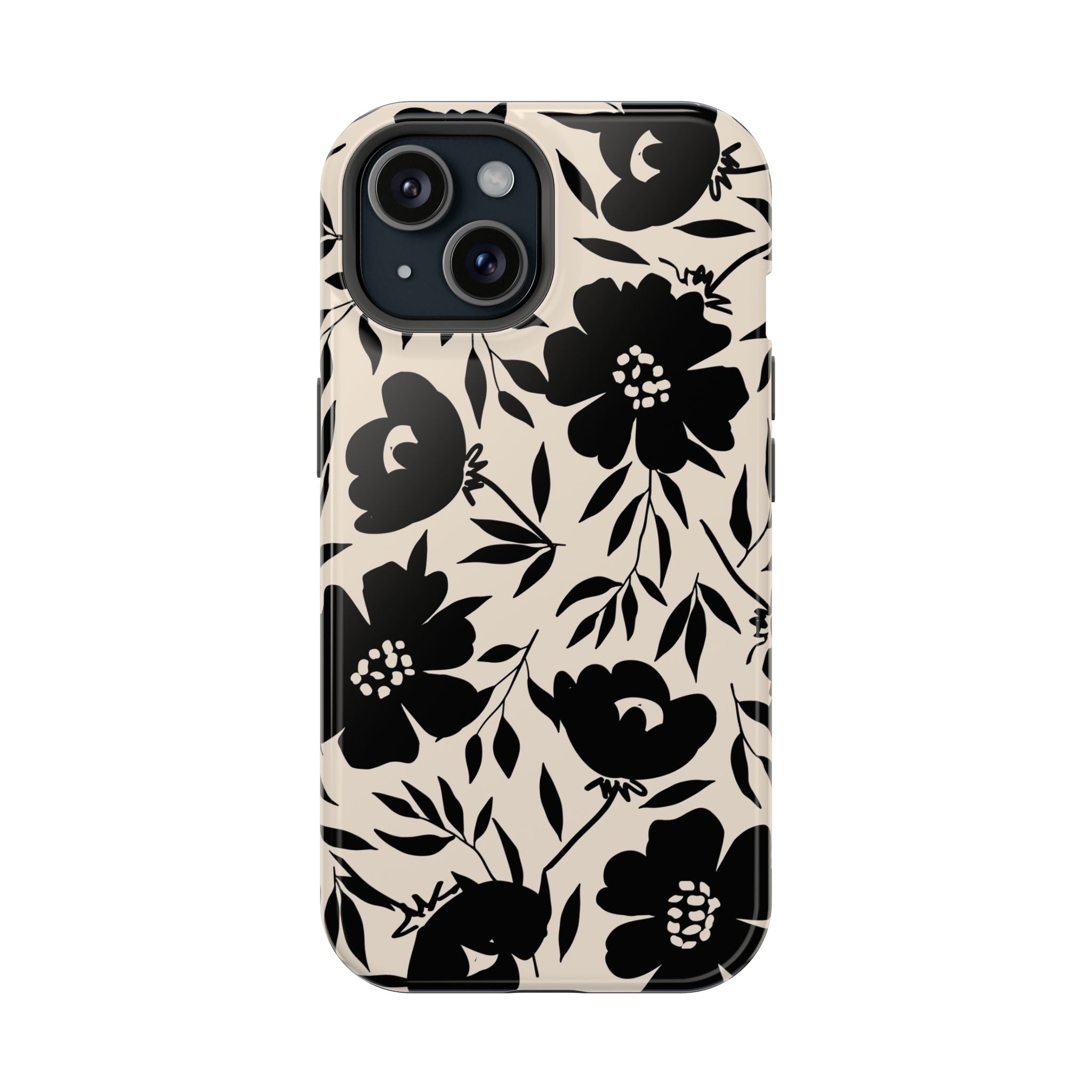 Cute black floral phone case for iPhone 16, Eclipse Garden design. Add a touch of fantasy and adventure with this unique accessory.