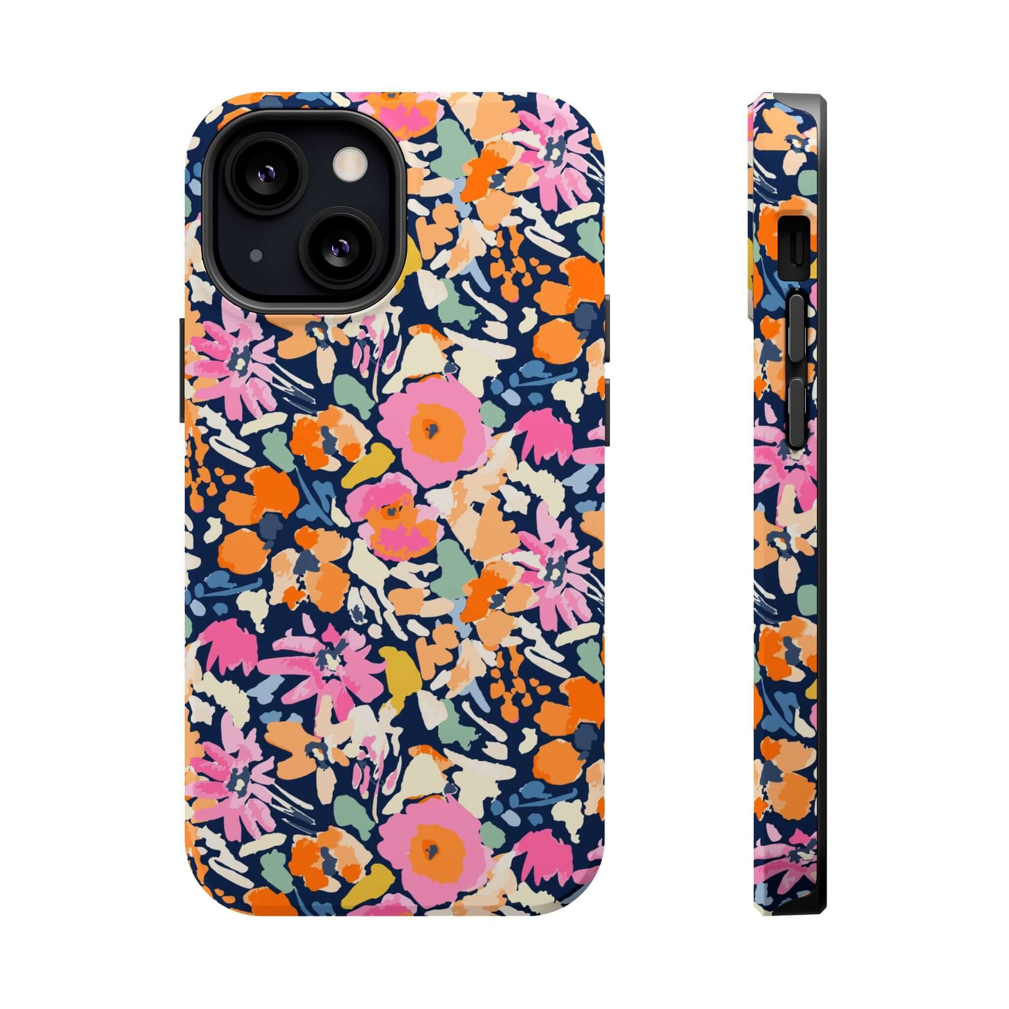 Botanic Burst colorful floral iPhone 16 case, Cute MagSafe protective phone case with whimsical flower design.