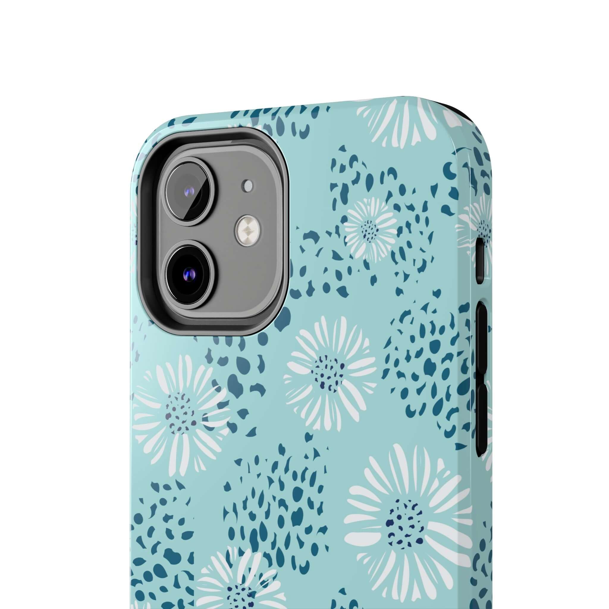 Coastal Aesthetics Floral Beach case in teal color for iPhone, featuring white flowers and abstract designs, cute phone case for beach lovers