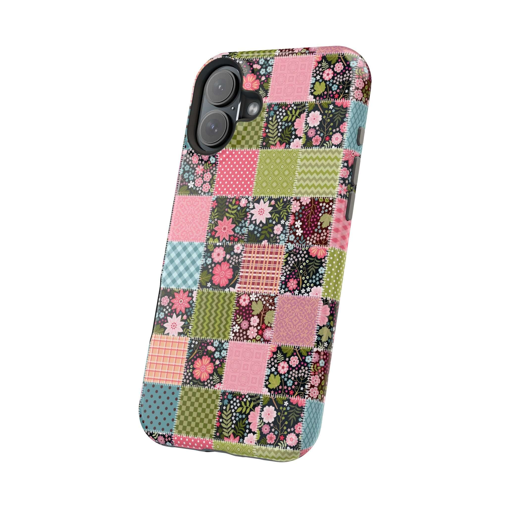 Groovy MagSafe iPhone case with floral patchwork, perfect for granola girl vibes. Cute phone cover for free-spirited souls.