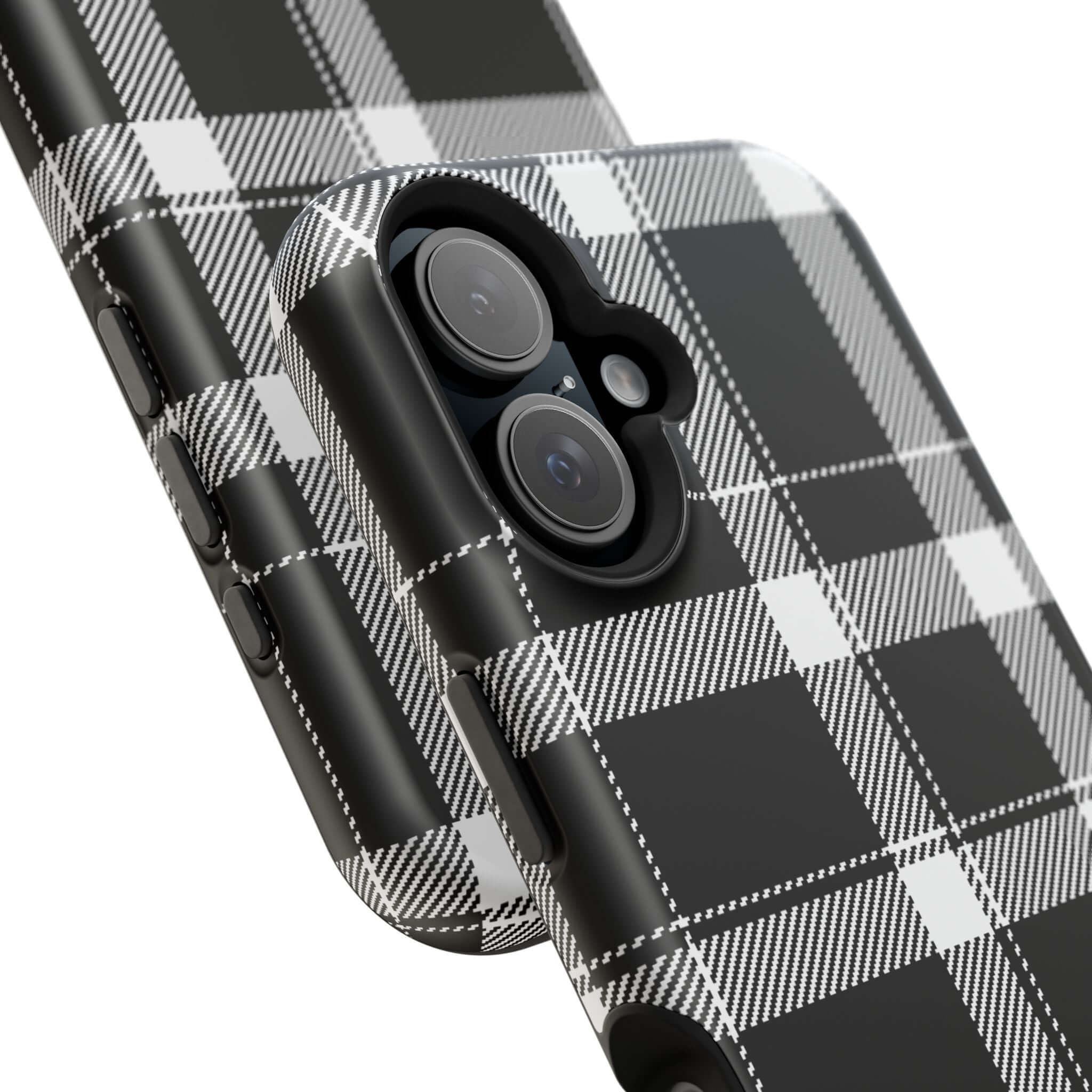 Stylish black plaid phone case offering a cute design for Apple iPhone, perfect for fashion-forward individuals.