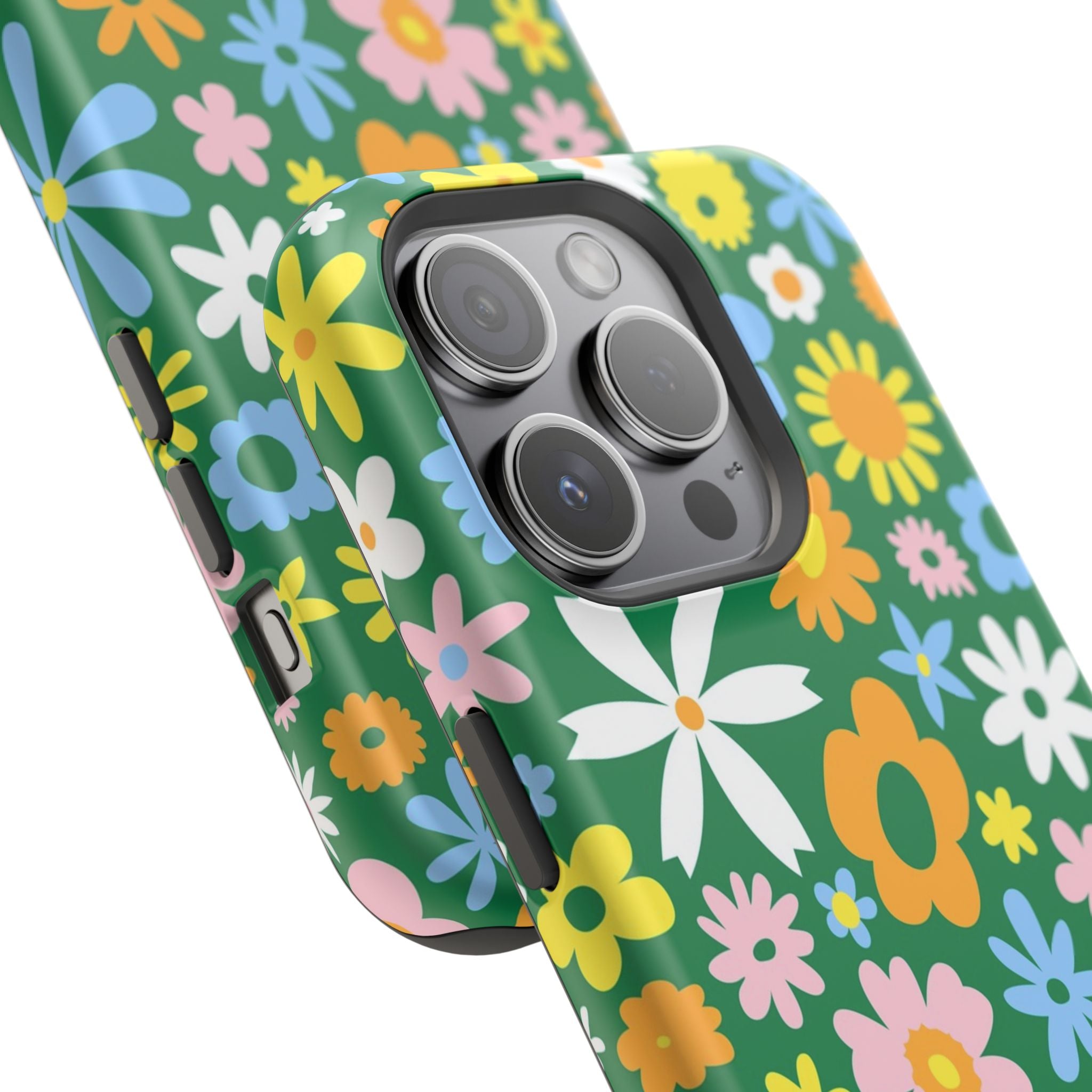 Vibrant floral MagSafe iPhone case with green background, featuring colorful hippie flower design, cute phone cover for style and protection.