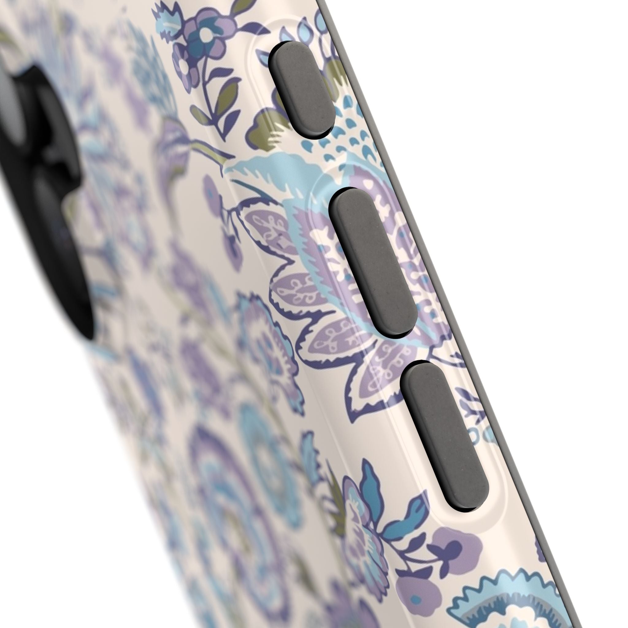 Close-up of blue floral CottageCore MagSafe iPhone case, showcasing whimsical design on a cute phone cover.