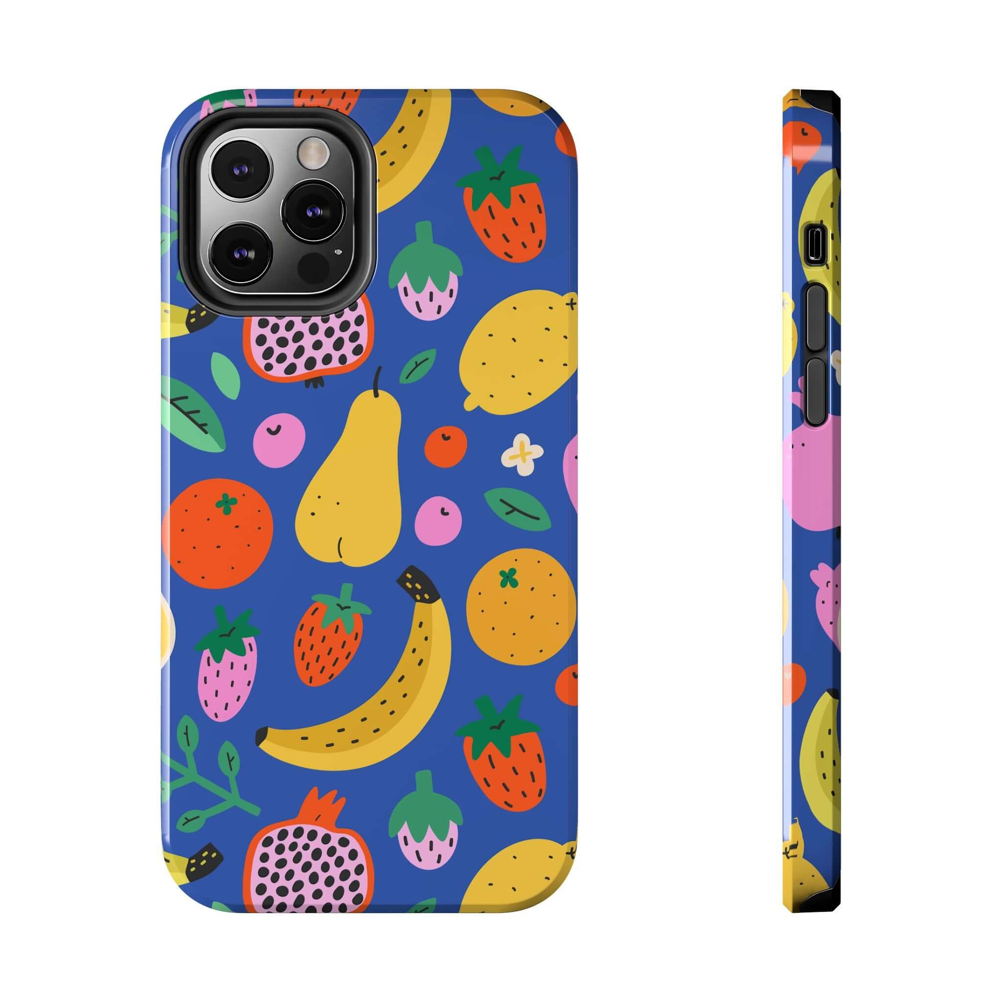 Cute beach-themed phone case with colorful fruit design, perfect for Apple iPhone and summer vibes.