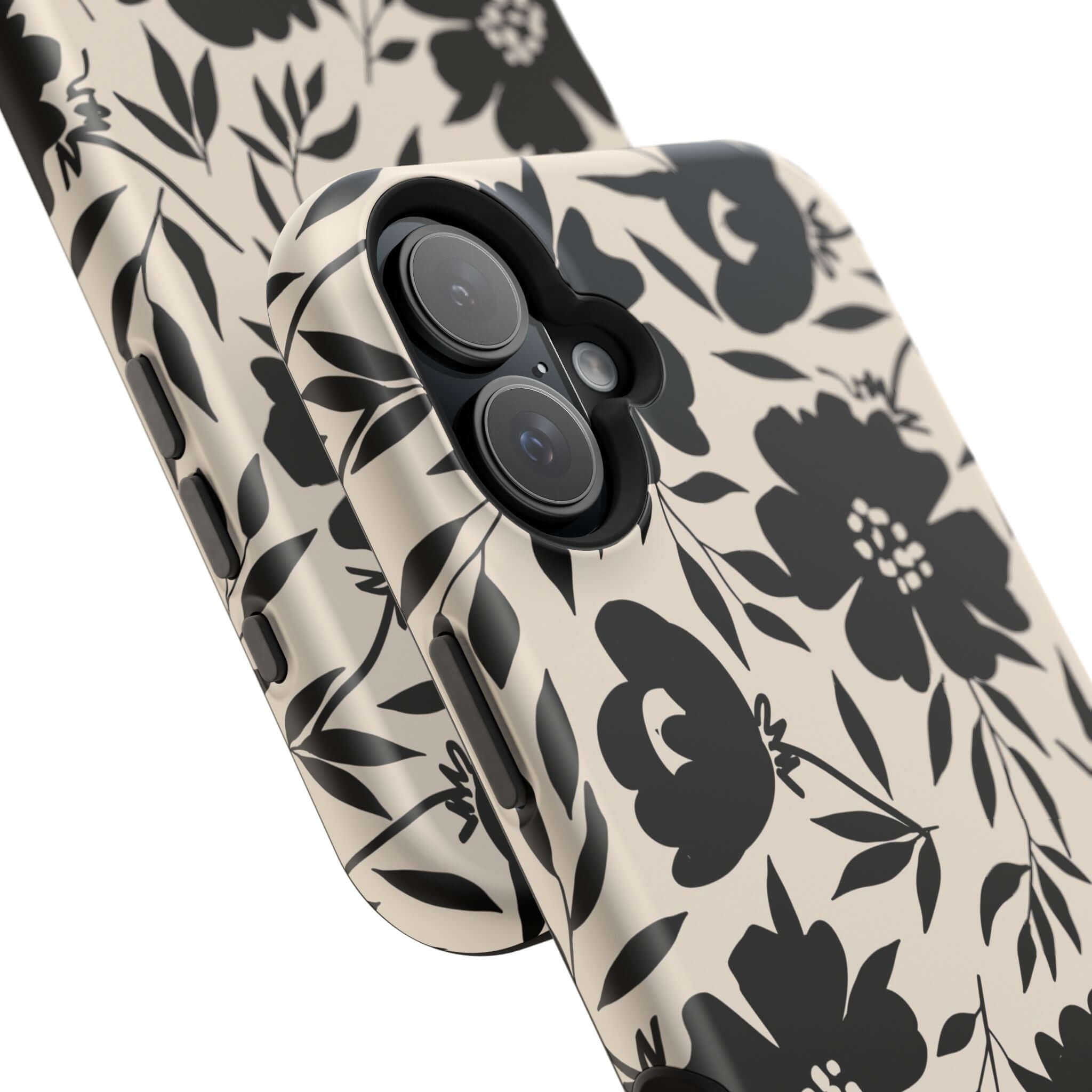 Eclipse Garden black floral phone case for iPhone 16, cute and stylish accessory with bold floral pattern.