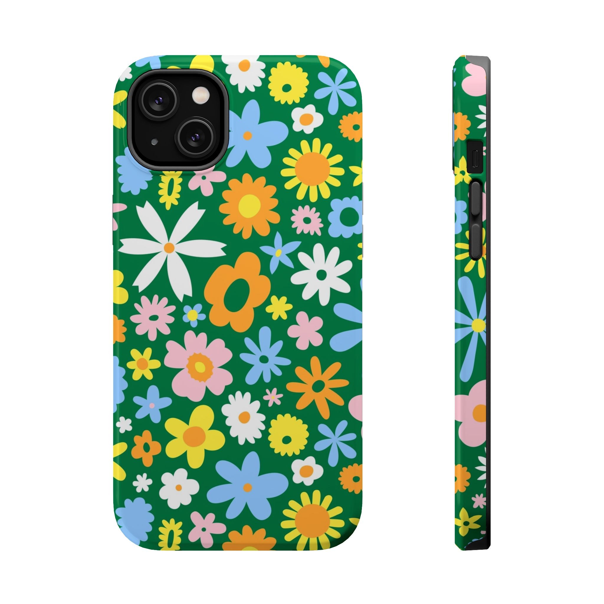 Chasing Blooms MagSafe iPhone case with vibrant floral hippie design on green, cute phone cover for a quirky style.