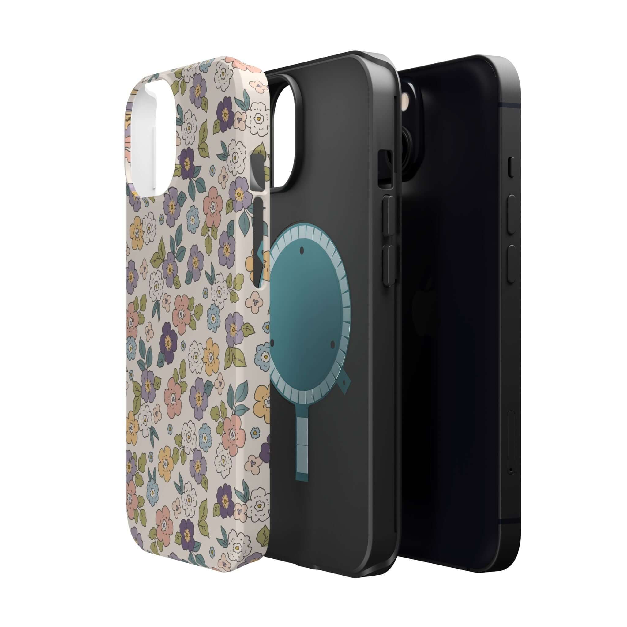 Colorful Ditsy Daisies iPhone case alongside sleek black phone covers, perfect for stylish phone users.