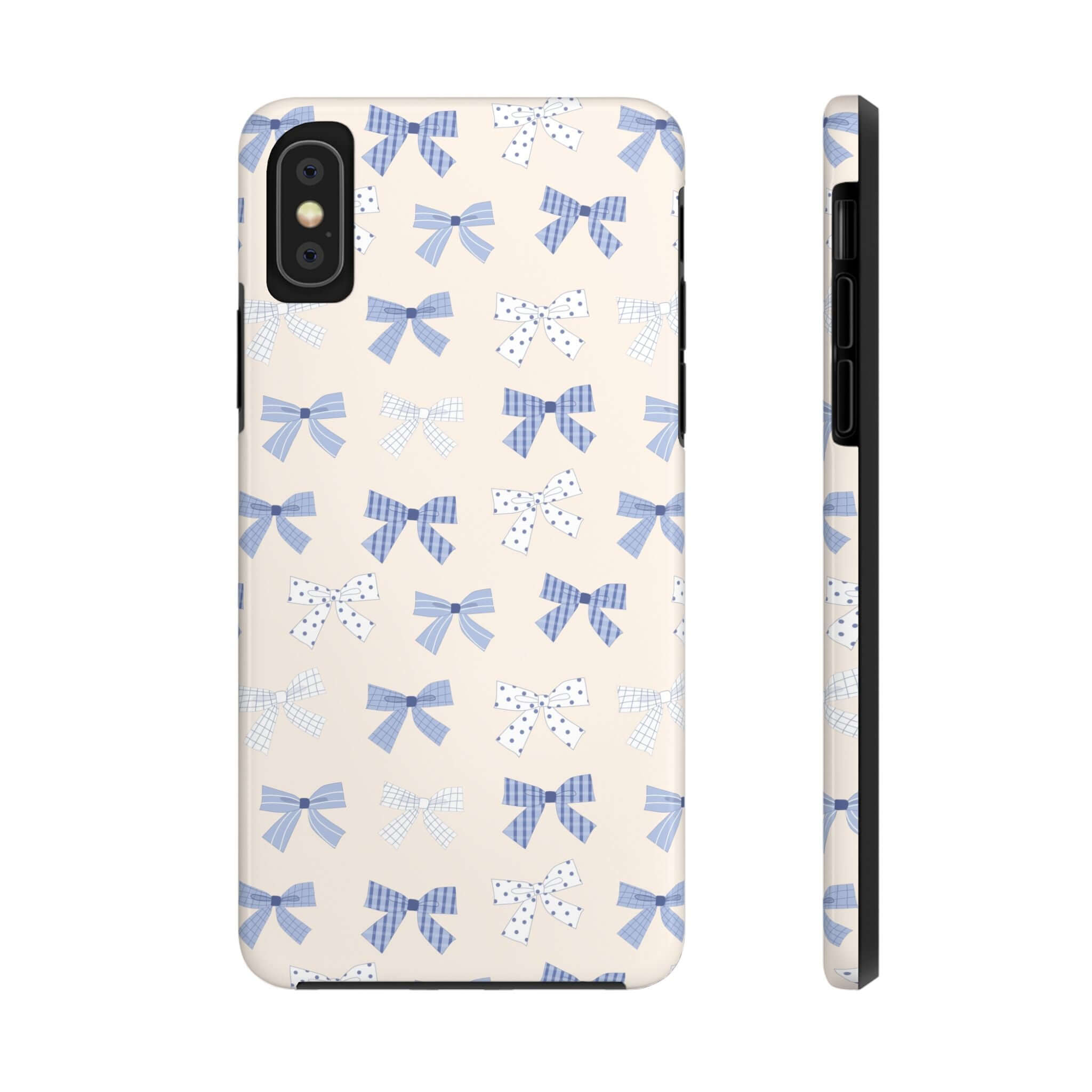 Cute phone case for iPhone 16 with blue bows and girly design, perfect for brides-to-be. Stylish protection for your phone.