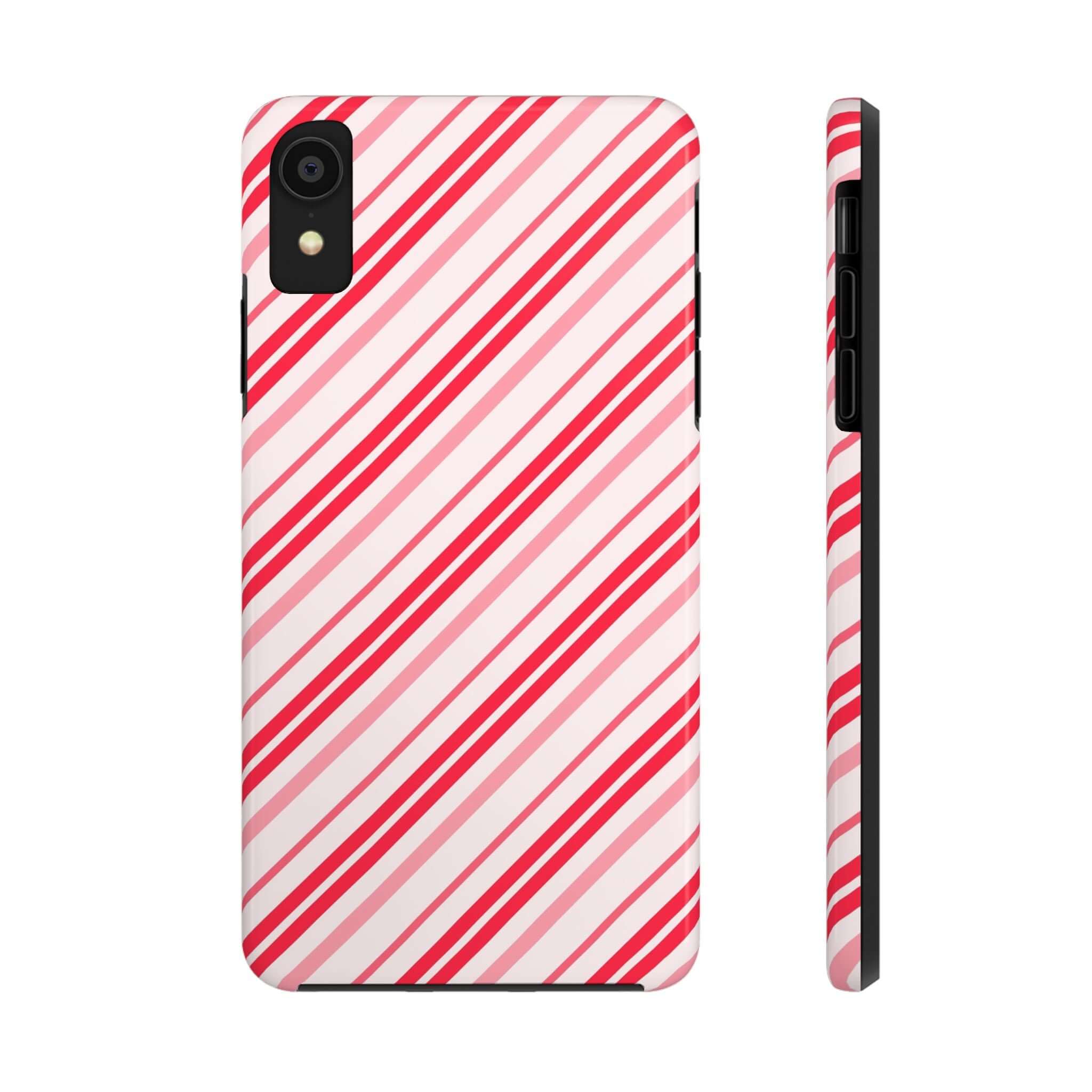 Striped candy cane holiday phone case with festive red and white design for cute iPhone case or custom phone case style.