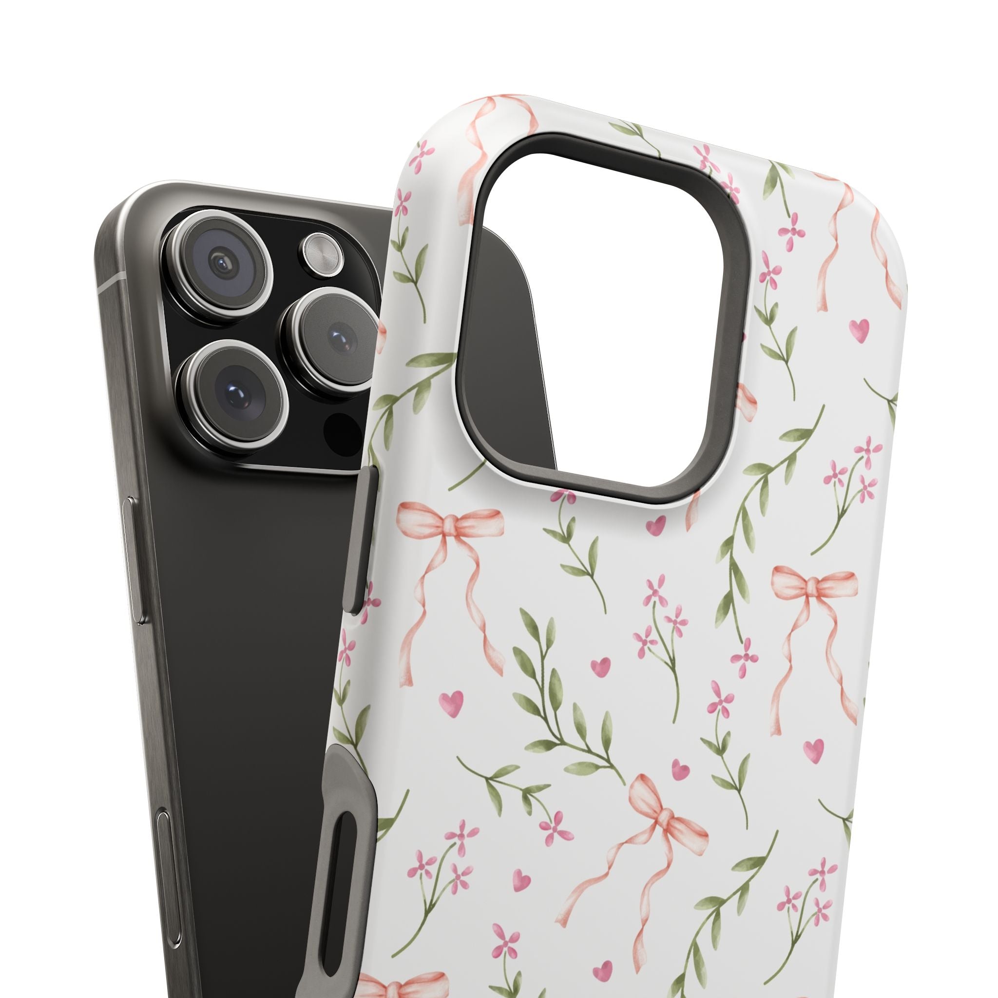 Pink Coquette Case for iPhone with floral and bow design, MagSafe compatible. Cute pink phone cover adds whimsy and style.