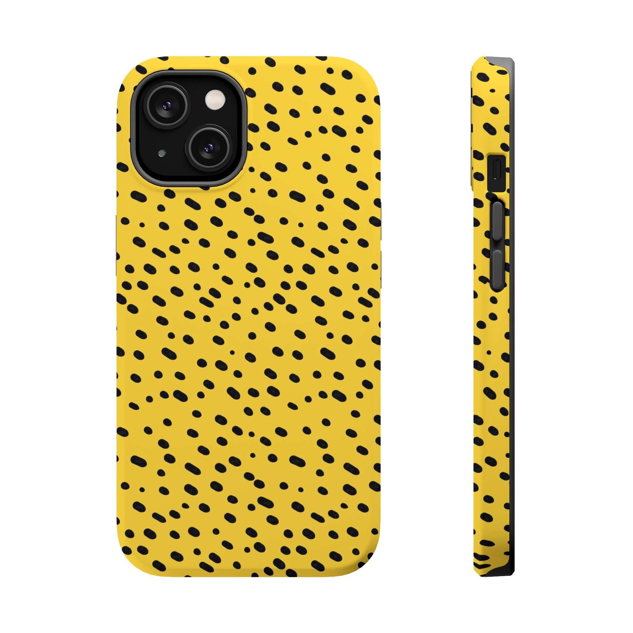 Colorful yellow cheetah spotted iPhone case by Spot On, featuring a cute abstract design and MagSafe compatibility.