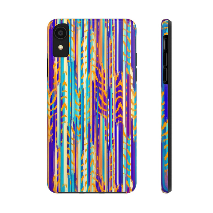 Colorful tie dye iPhone case with abstract pattern, featuring vibrant stripes in blue, purple, and orange, showcasing unique design.