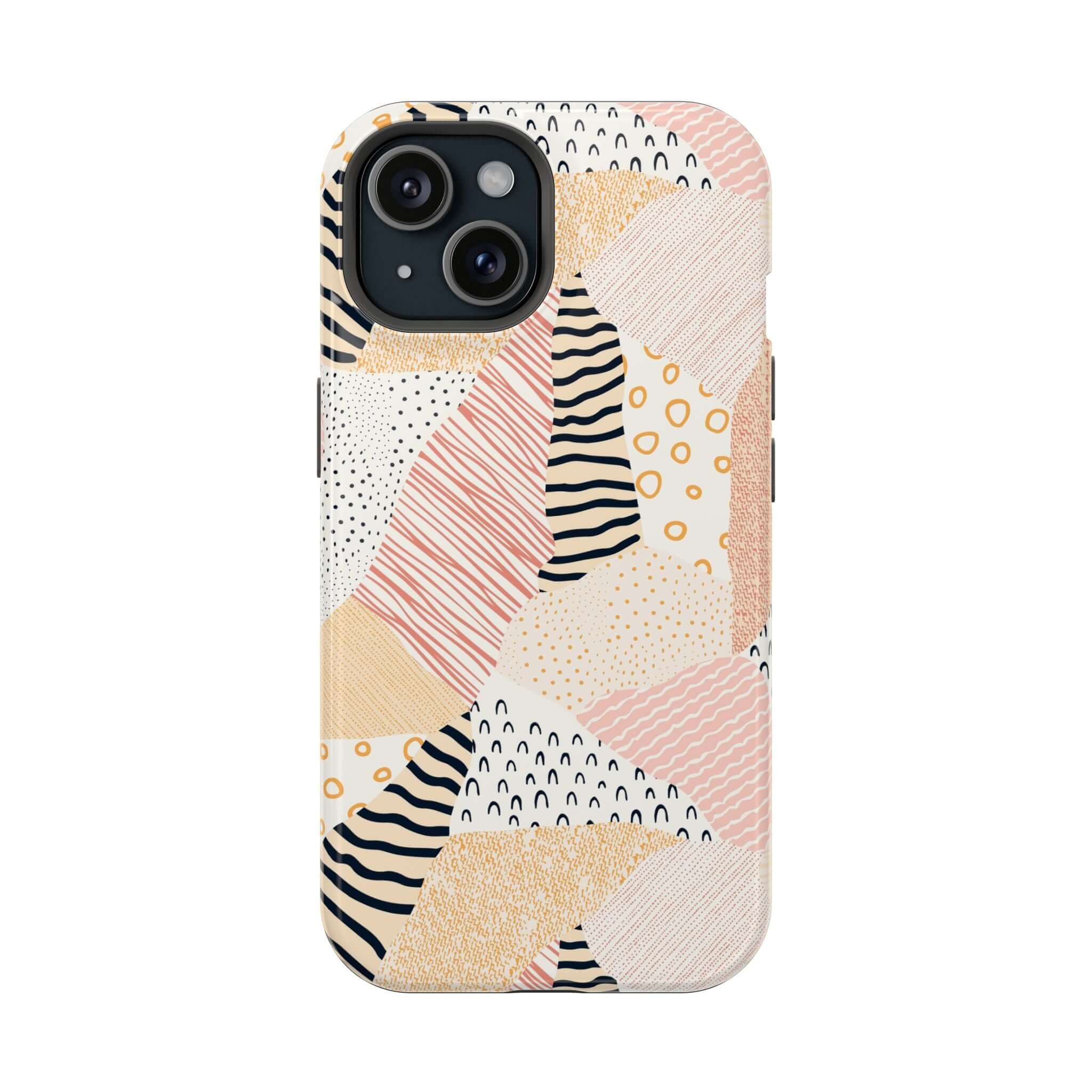 Cute pastel patchwork phone case for iPhone 16 with vibrant peach colors and unique design.