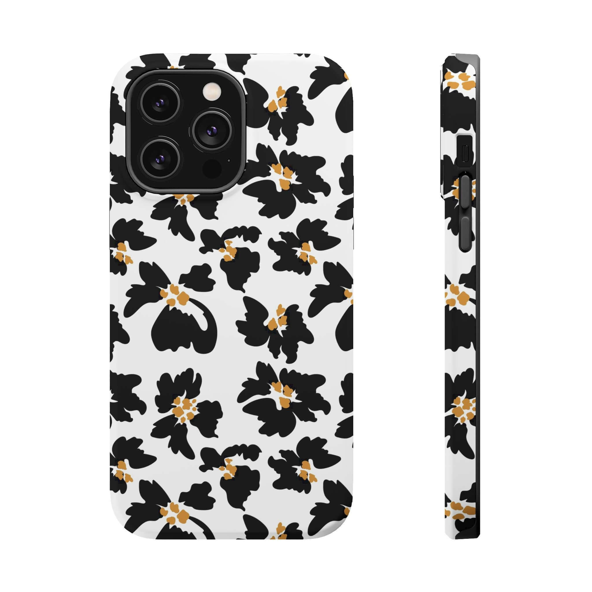 Modern Noir Flora black floral iPhone case with animal print, cute MagSafe design for stylish phone protection.